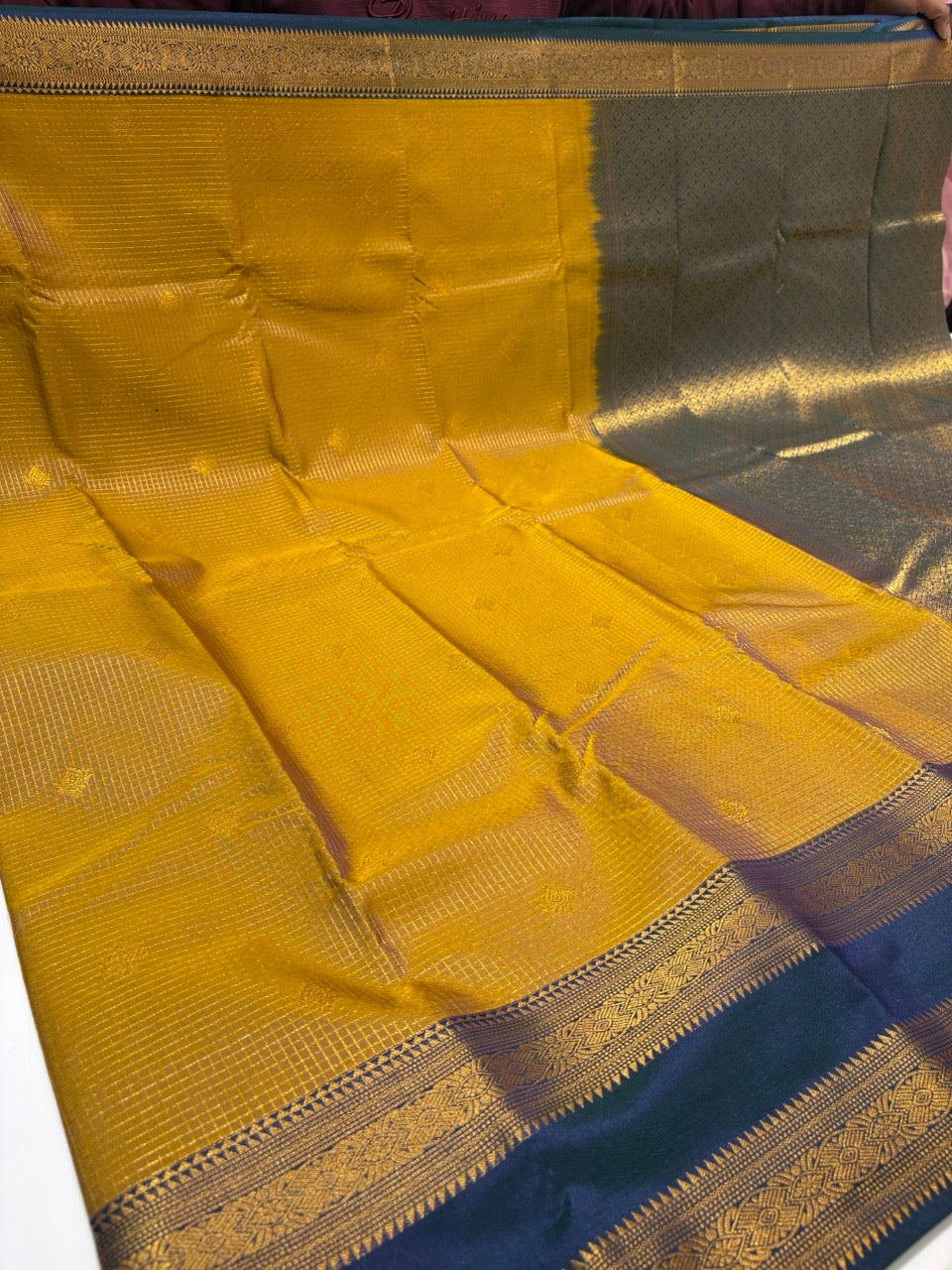 Olive Yellow Colour Saree with Navy Blue Contrast