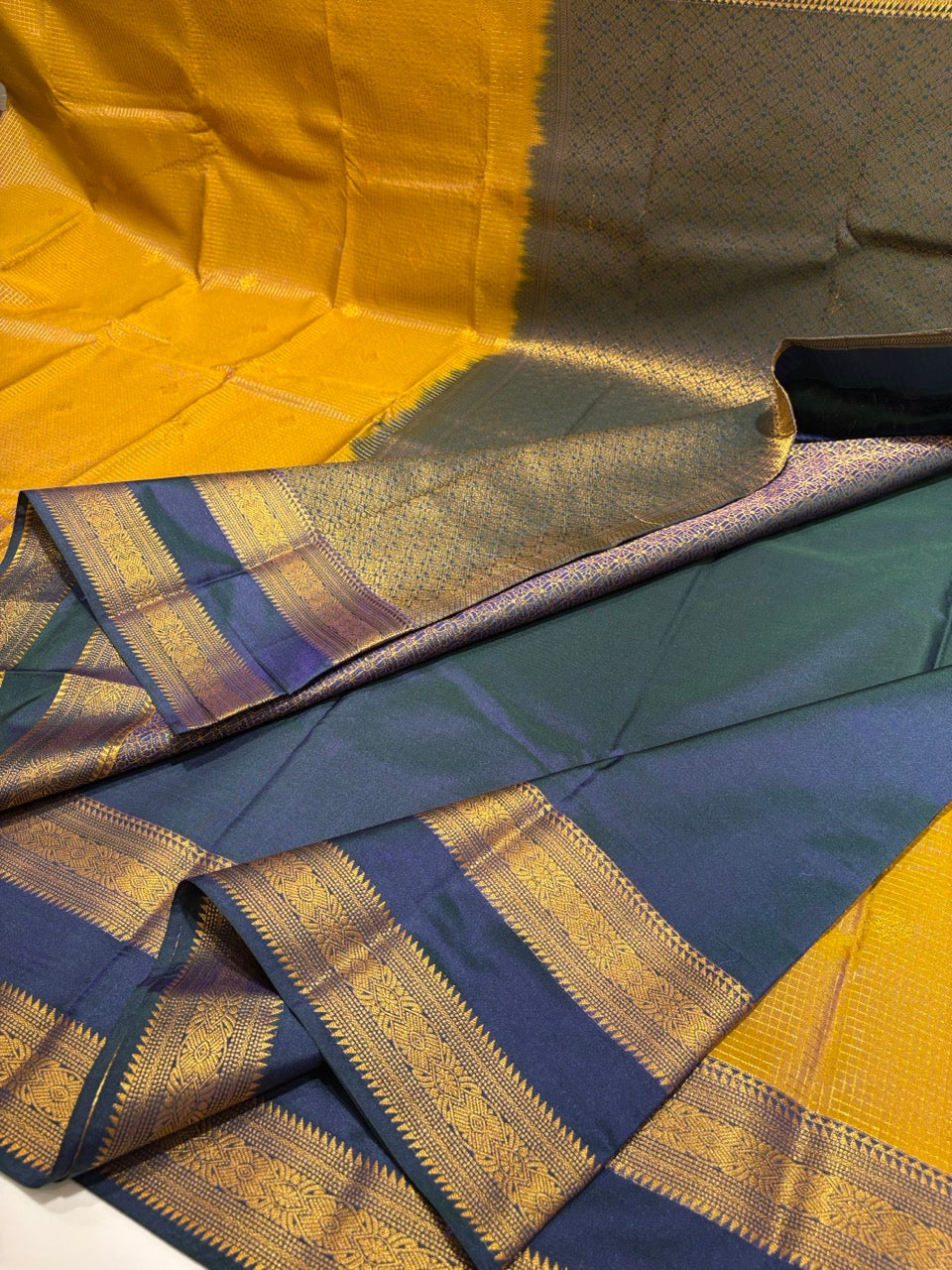 Olive Yellow Colour Saree with Navy Blue Contrast