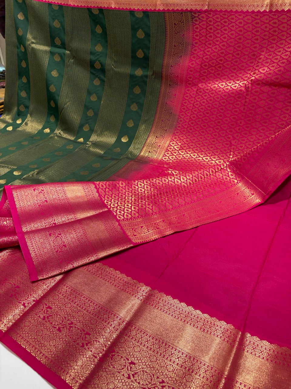 Bottle Green Colour Semi Silk Saree with Magenta Pink Border