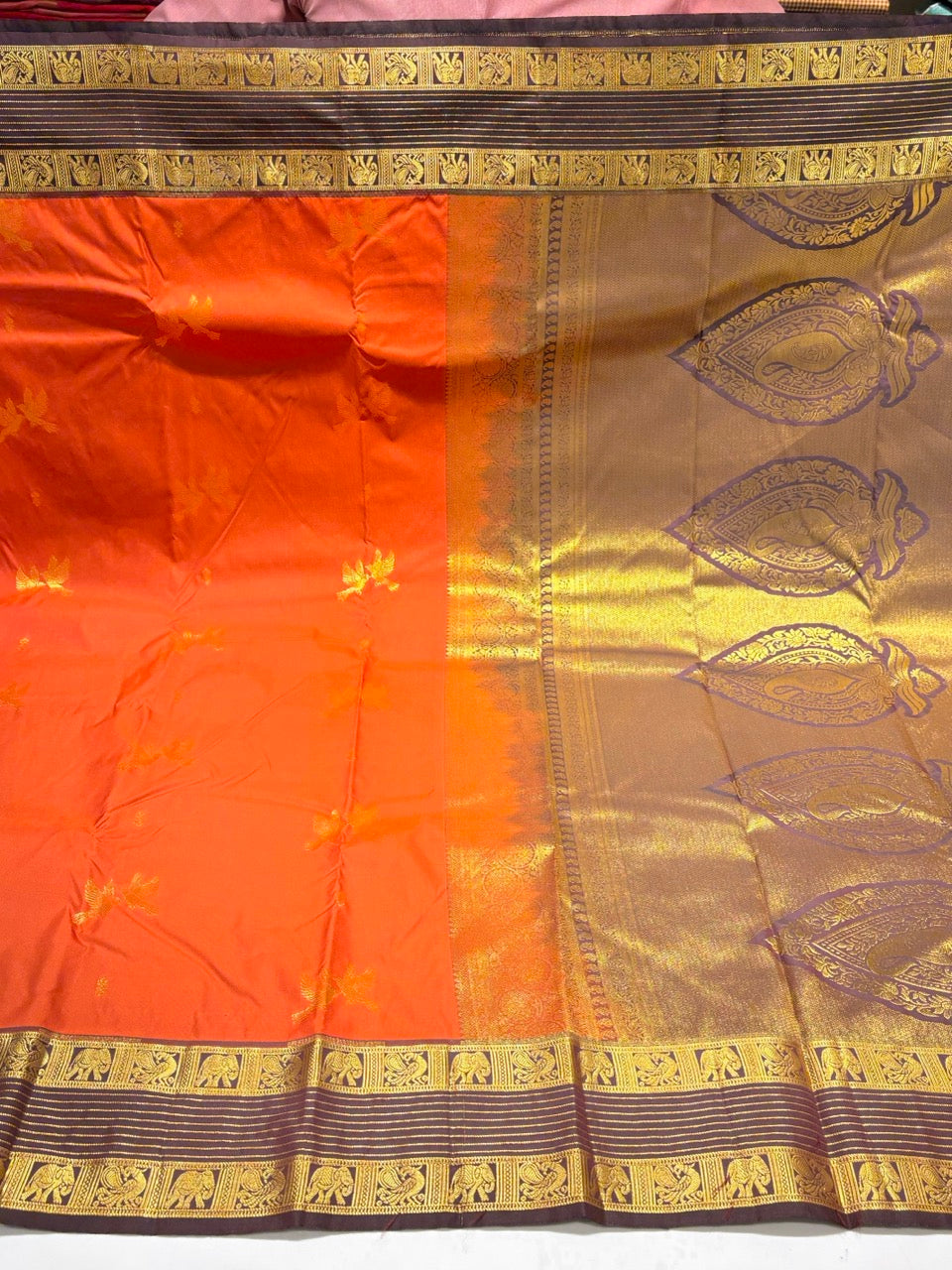 Rust Orange Colour Semi Silk Saree with Brown Contrast