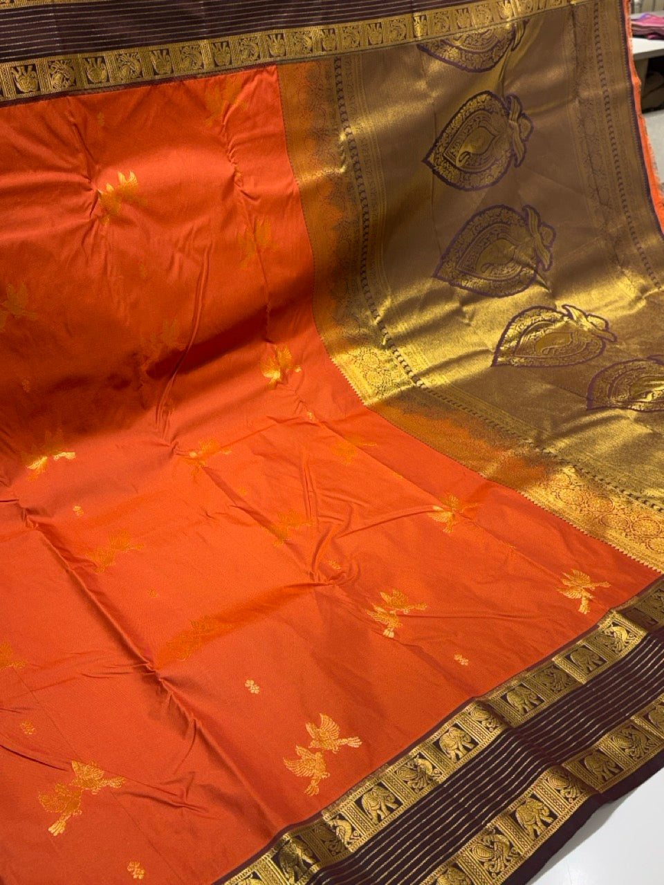 Rust Orange Colour Semi Silk Saree with Brown Contrast