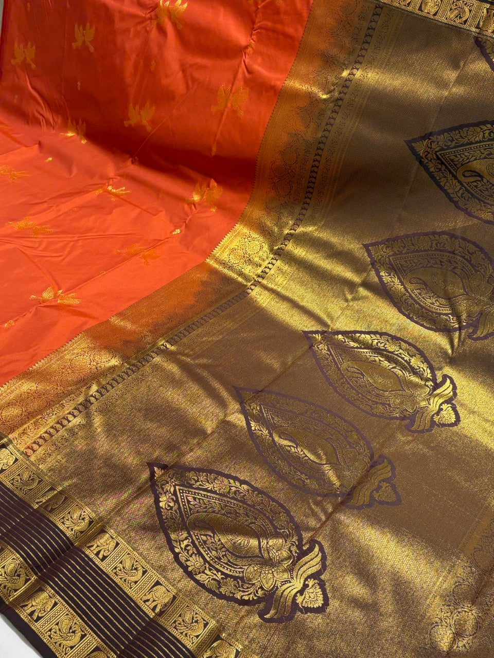 Rust Orange Colour Semi Silk Saree with Brown Contrast