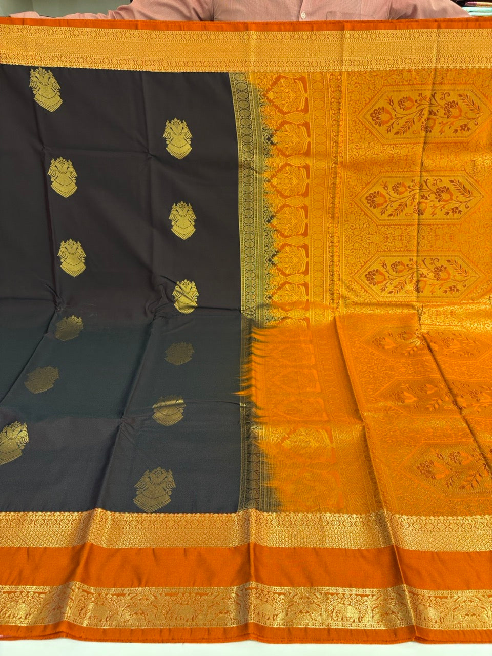 Chocolate Brown Colour Semi Kanchi Silk Saree with Rust Orange Contrast NSS151
