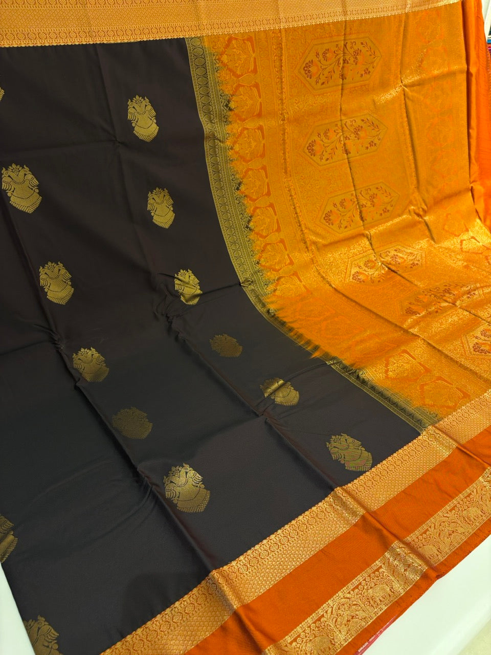 Chocolate Brown Colour Semi Kanchi Silk Saree with Rust Orange Contrast NSS151