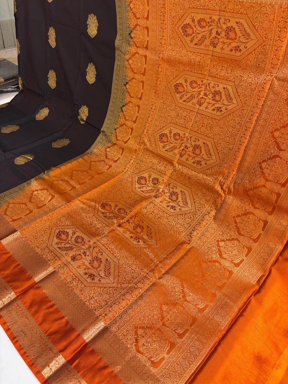 Chocolate Brown Colour Semi Kanchi Silk Saree with Rust Orange Contrast NSS151