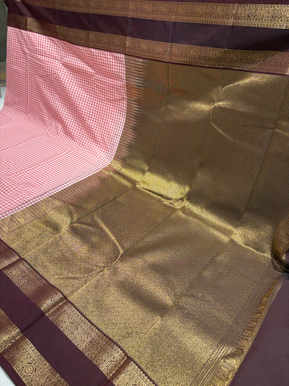 Baby Pink Colour Semi Kanci Silk Saree with Chocolate Brown Contrast NSS152