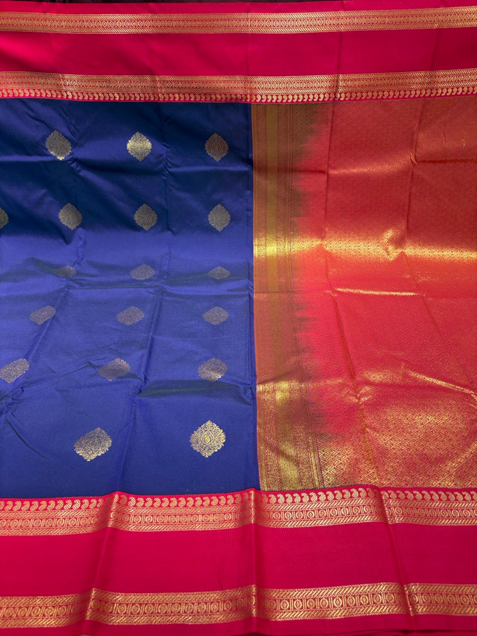 Royal Blue Colour Semi Kanchipuram Silk Saree with Pink Contrast
