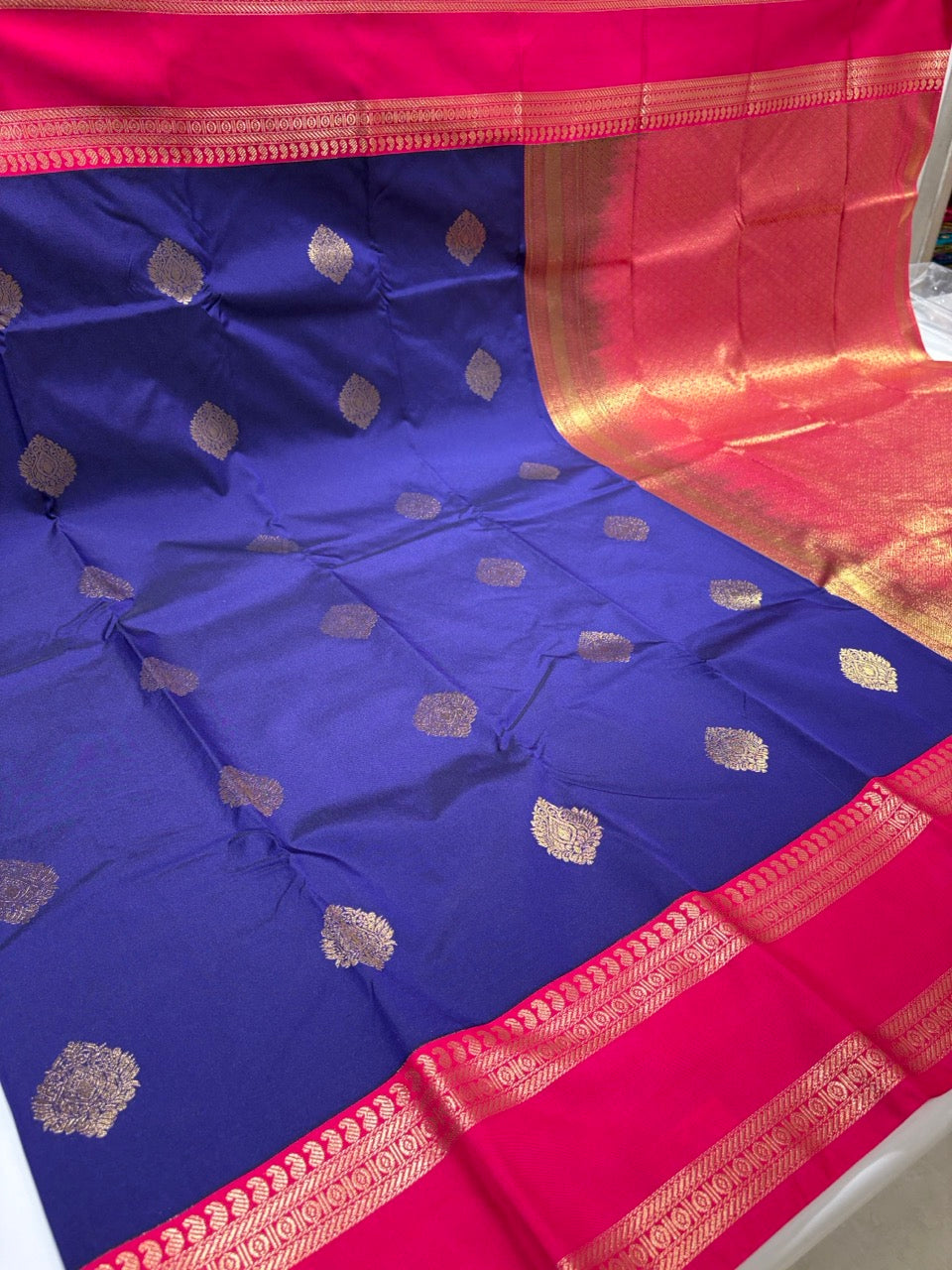 Royal Blue Colour Semi Kanchipuram Silk Saree with Pink Contrast