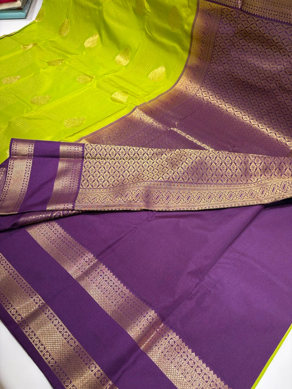 Lime Green Colour Silk Saree with Grape Purple Contrast NSS167