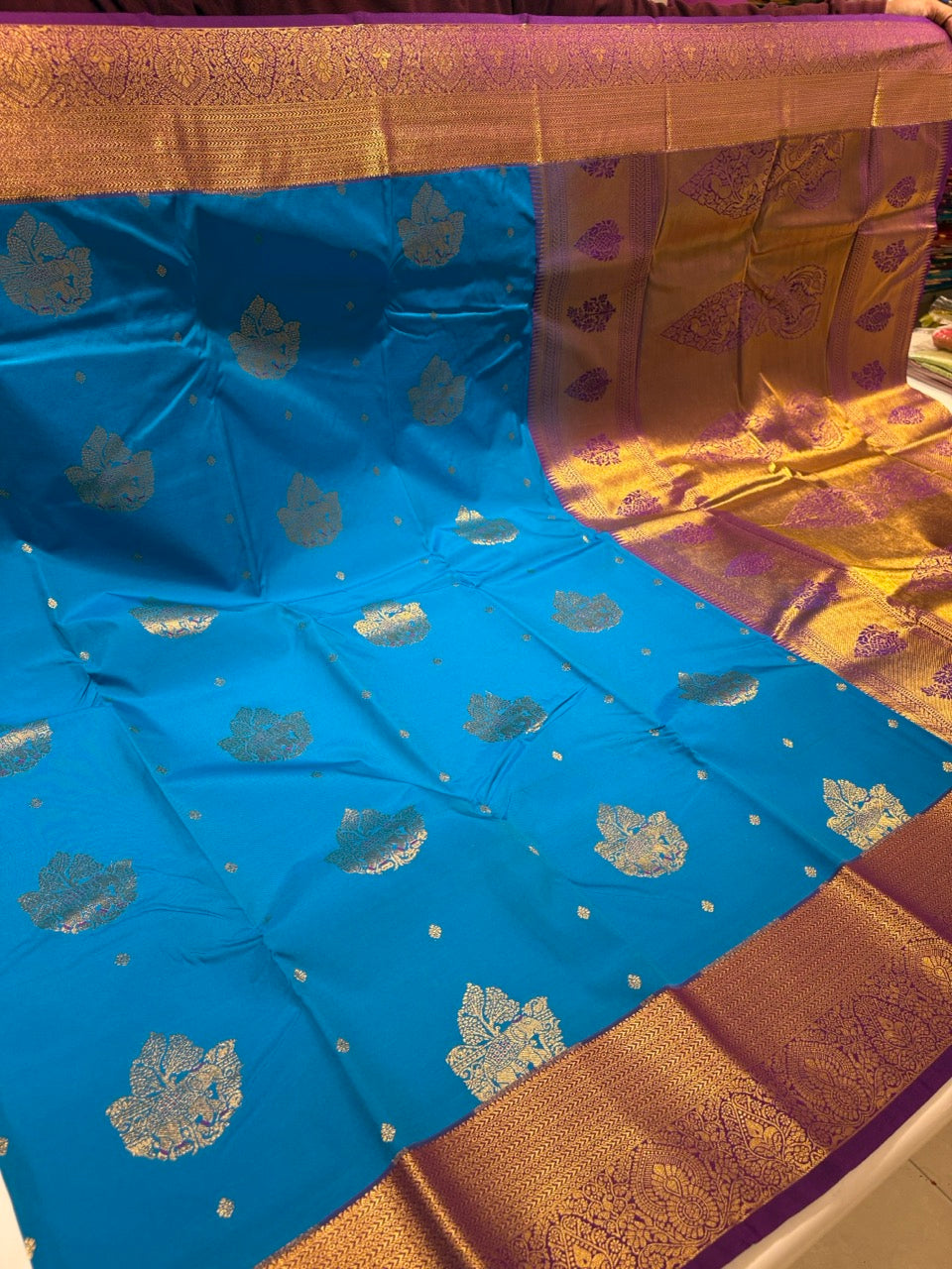Vibrant Blue Colour Semi Kanchipuram Silk Saree with Grape Purple Contrast NSS165