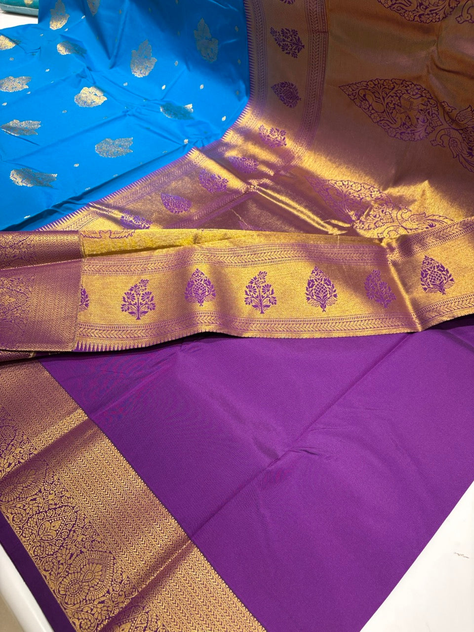 Vibrant Blue Colour Semi Kanchipuram Silk Saree with Grape Purple Contrast NSS165