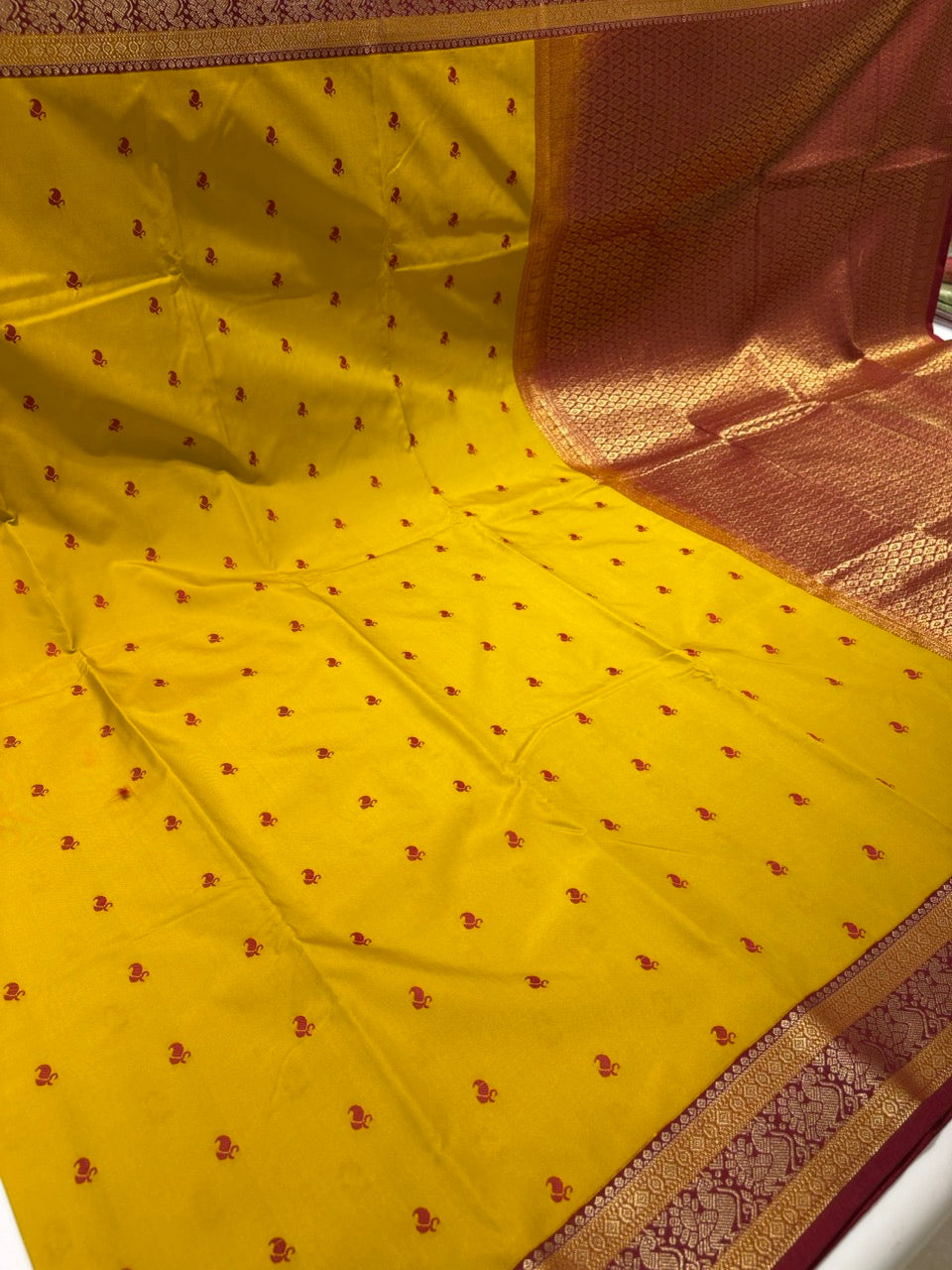 Mustard Yellow Colour Semi Kanchi Silk Saree with Maroon Red Contrast NSS176