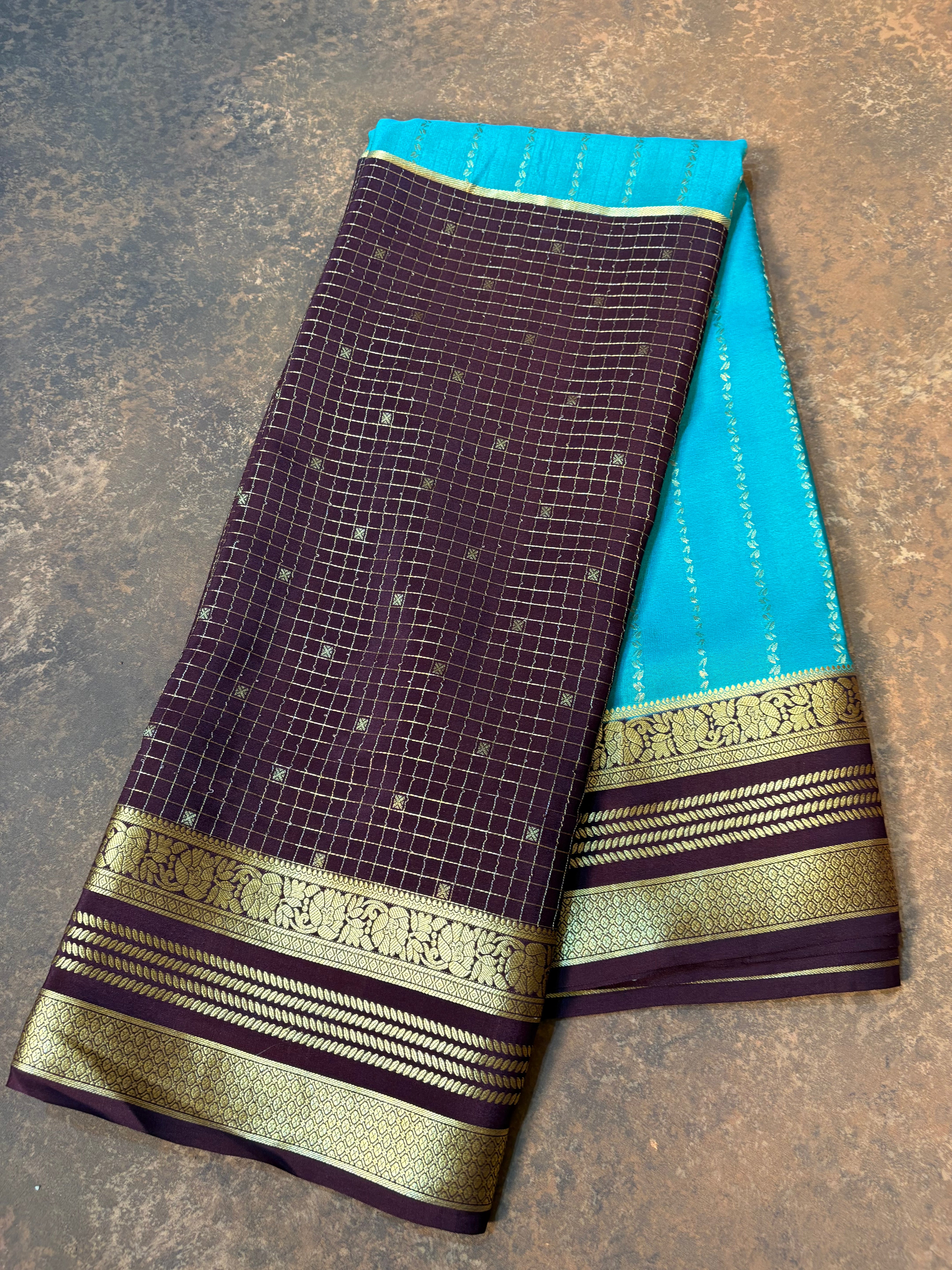 Pure Mysore Silk Saree in Blue with Brown Border | Traditional Handwoven Silk Saree