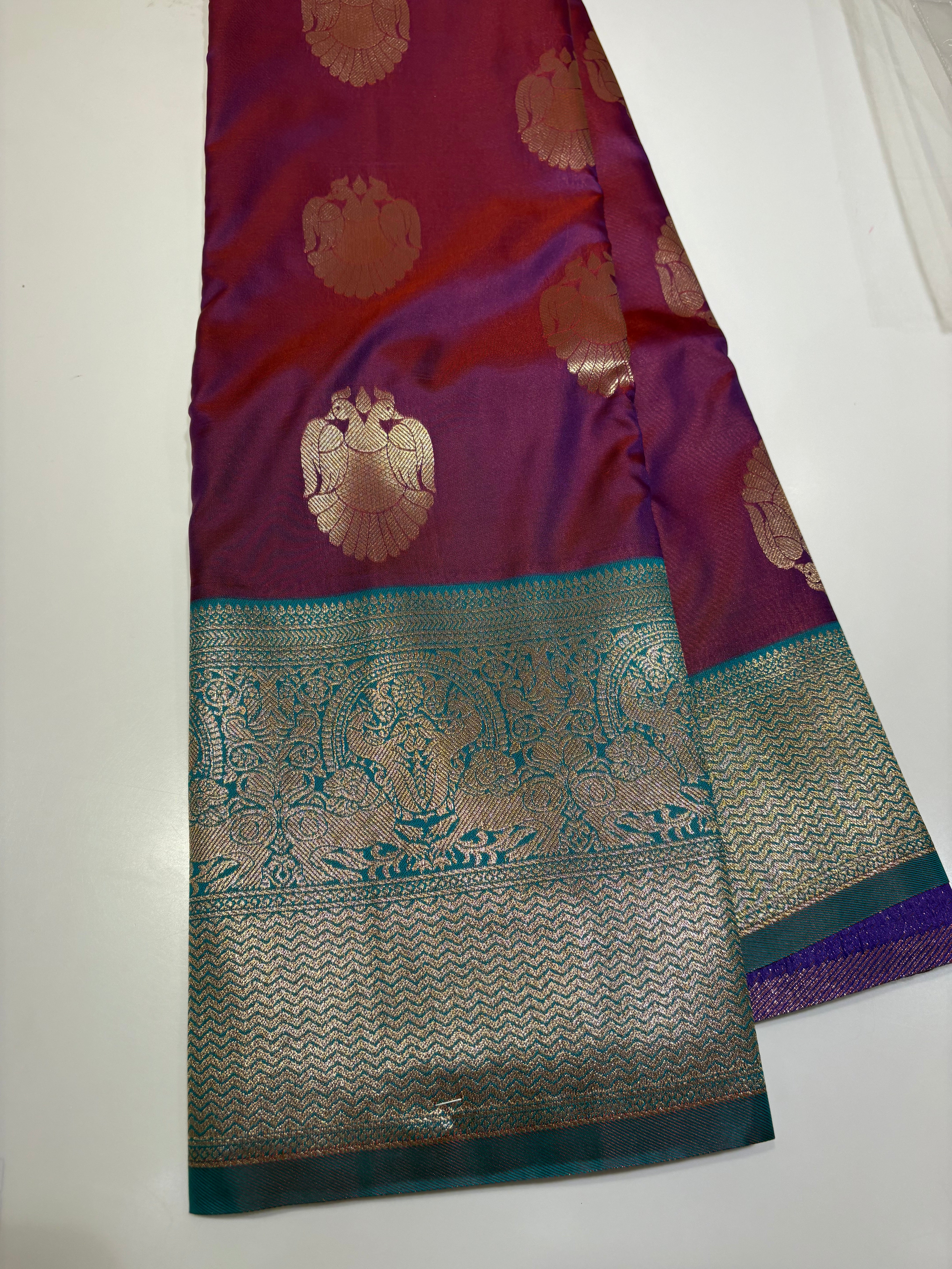 Purple & Green Silk Saree with Silver Zari for Work & Daily Elegance
