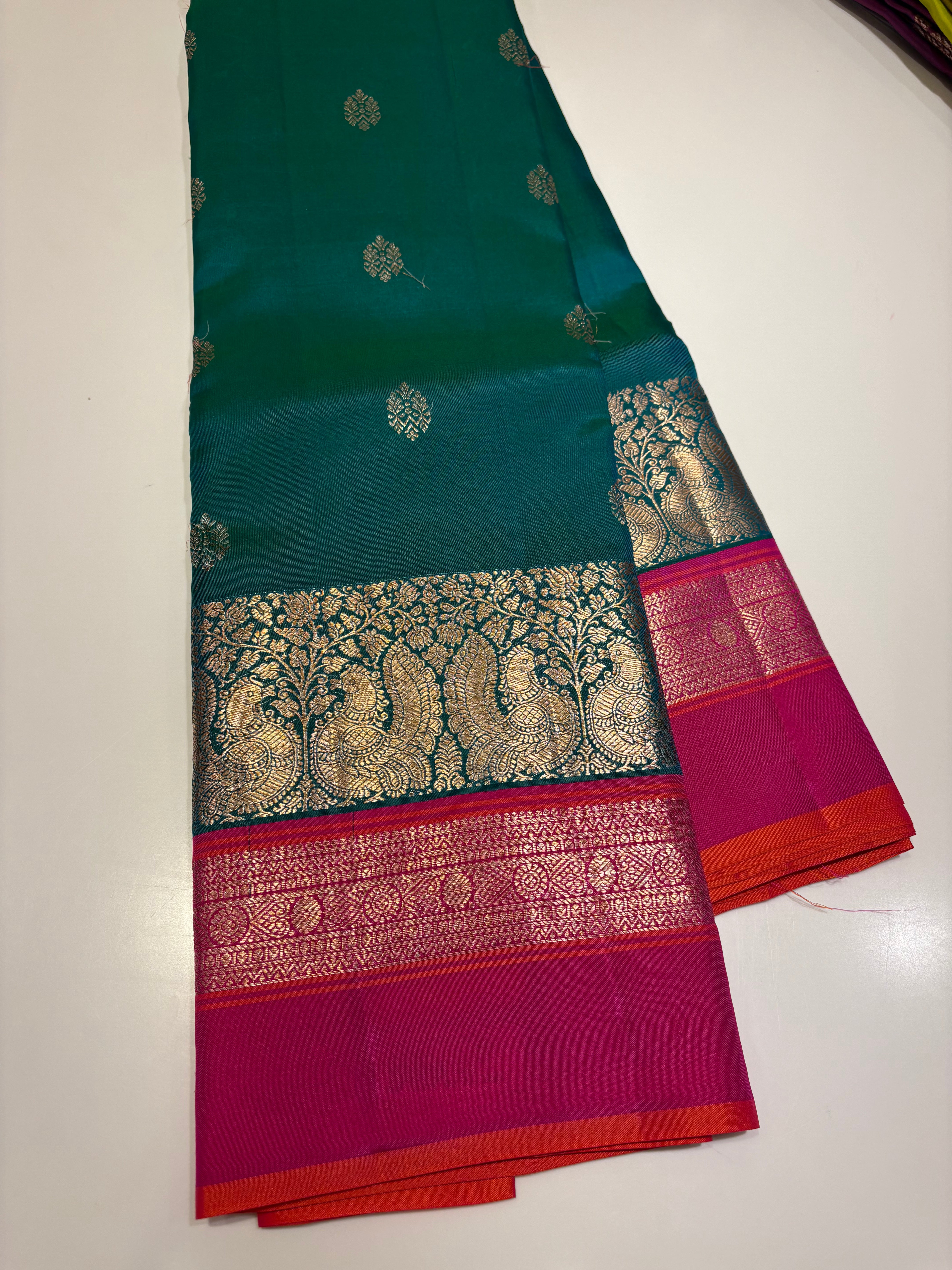 Green and Pink Leela Verse Saree with Silver Zari Work