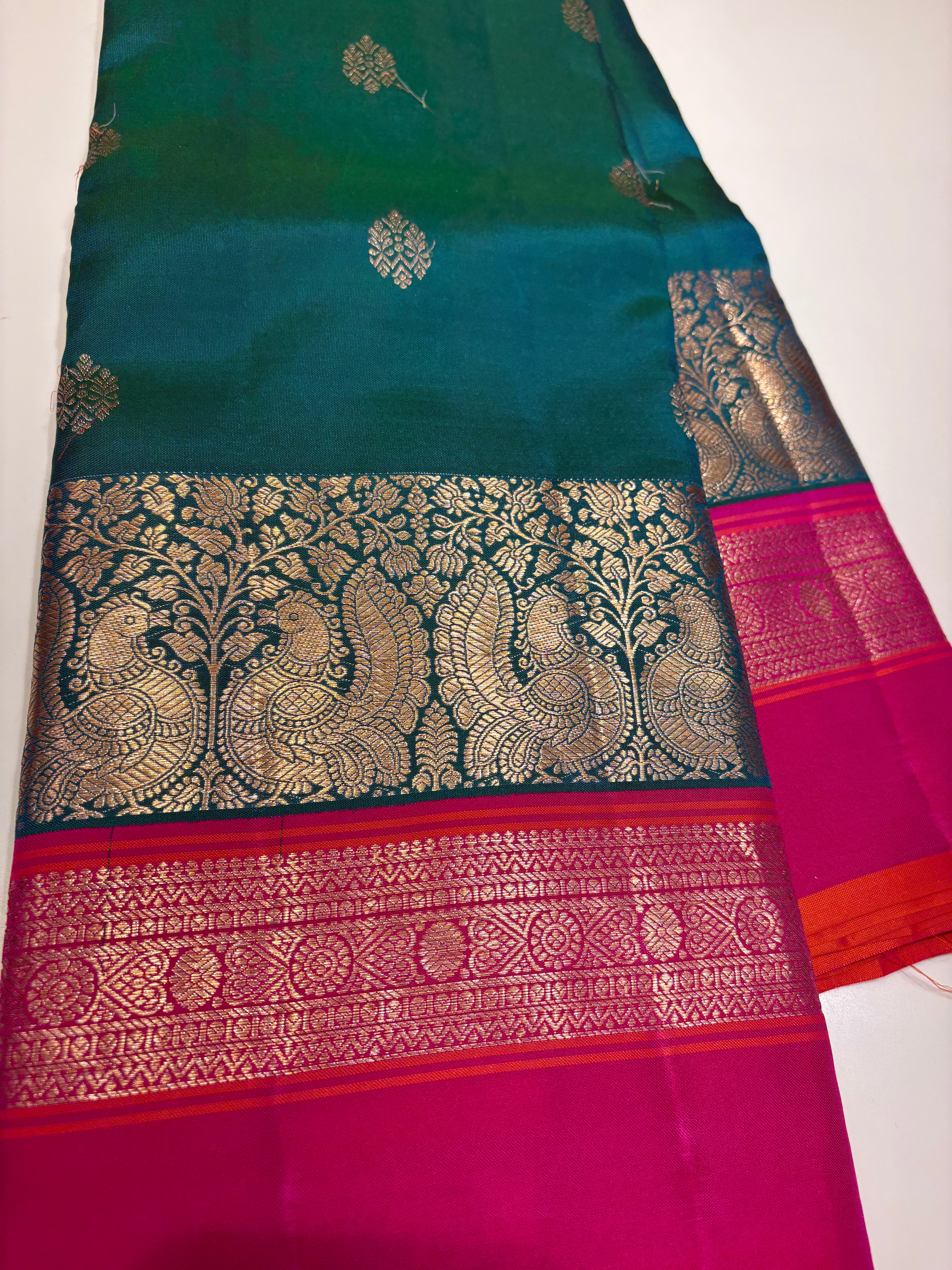 Green and Pink Leela Verse Saree with Silver Zari Work