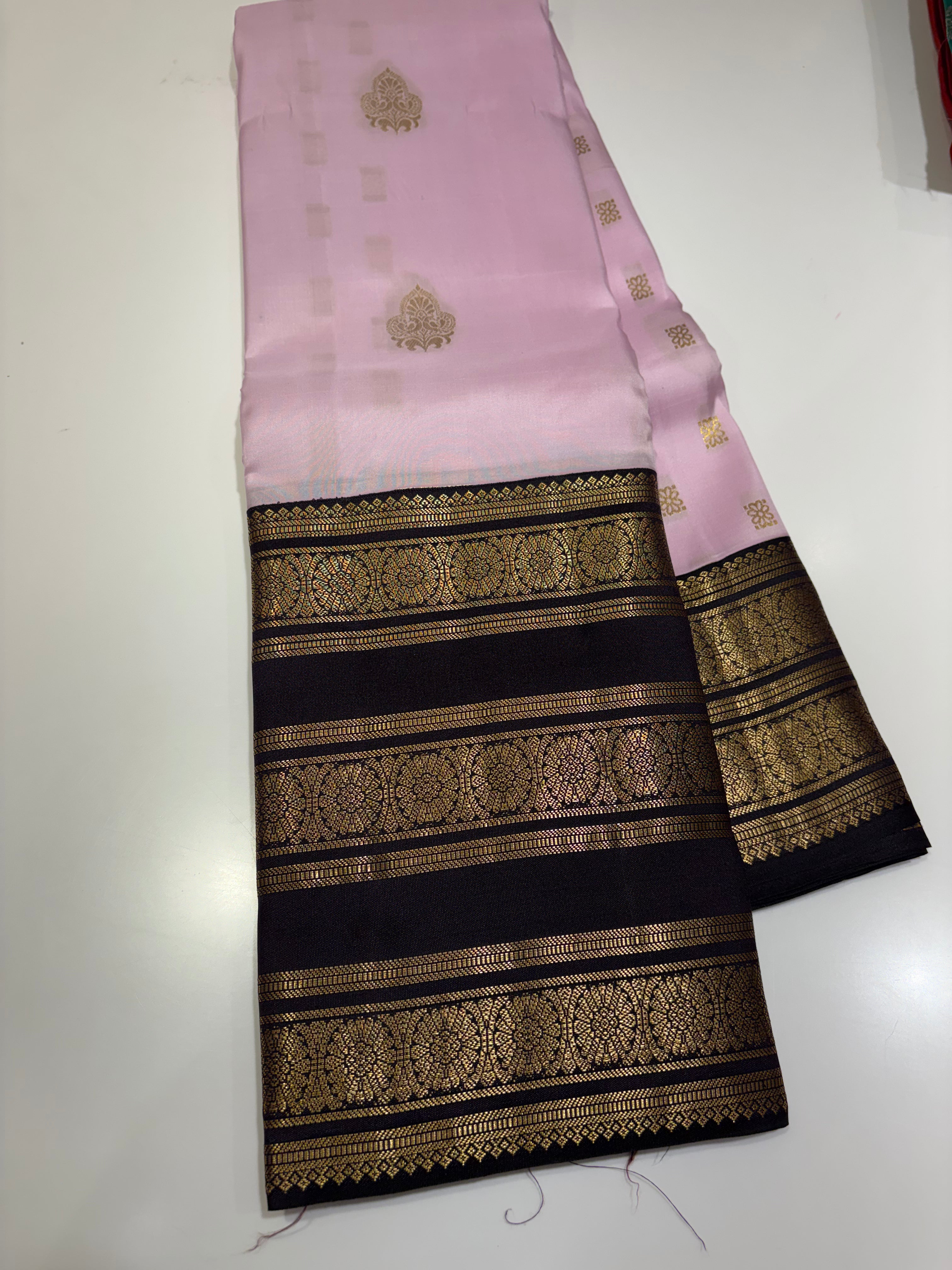 Pure Kanjivaram Saree -Leela Verse Pink & Black Saree with Golden Zari Buttas