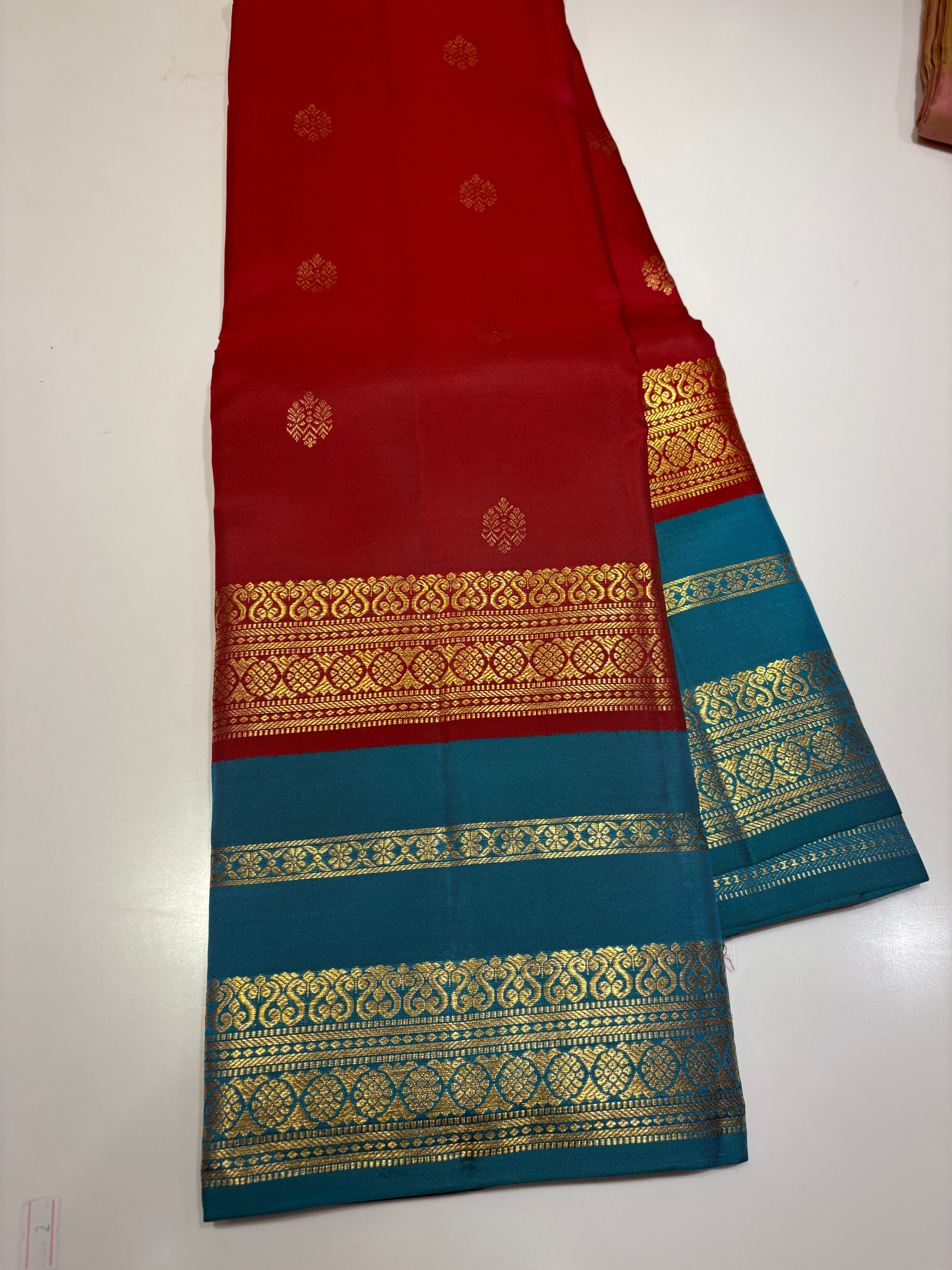Pure Kanjivaram Saree -Red & Green Leela Verse Saree with Golden Zari Buttas