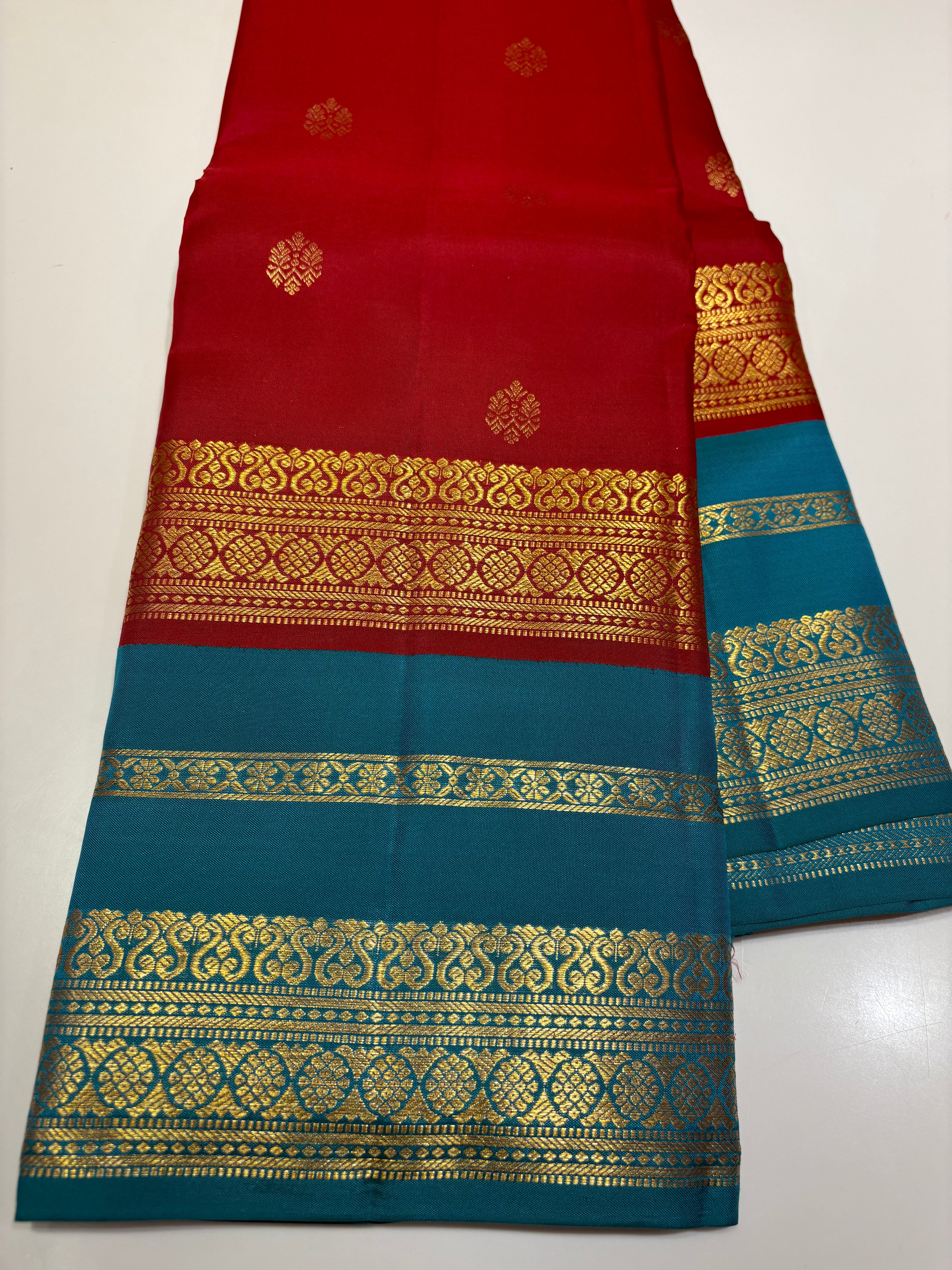 Pure Kanjivaram Saree -Red & Green Leela Verse Saree with Golden Zari Buttas