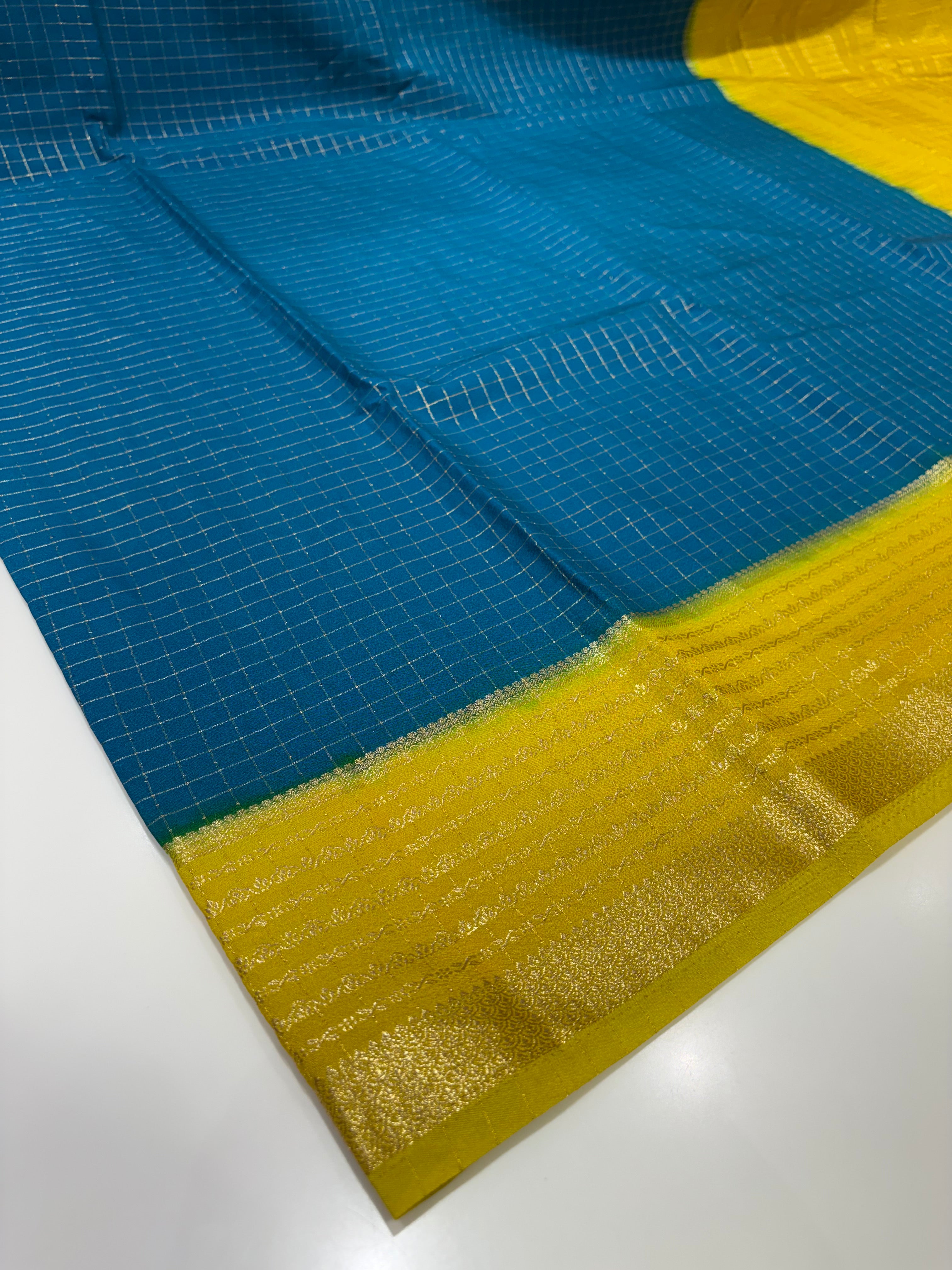 Blue and Yellow Soft Saree with Zari Border & Checks – Perfect for Everyday and Office Wear