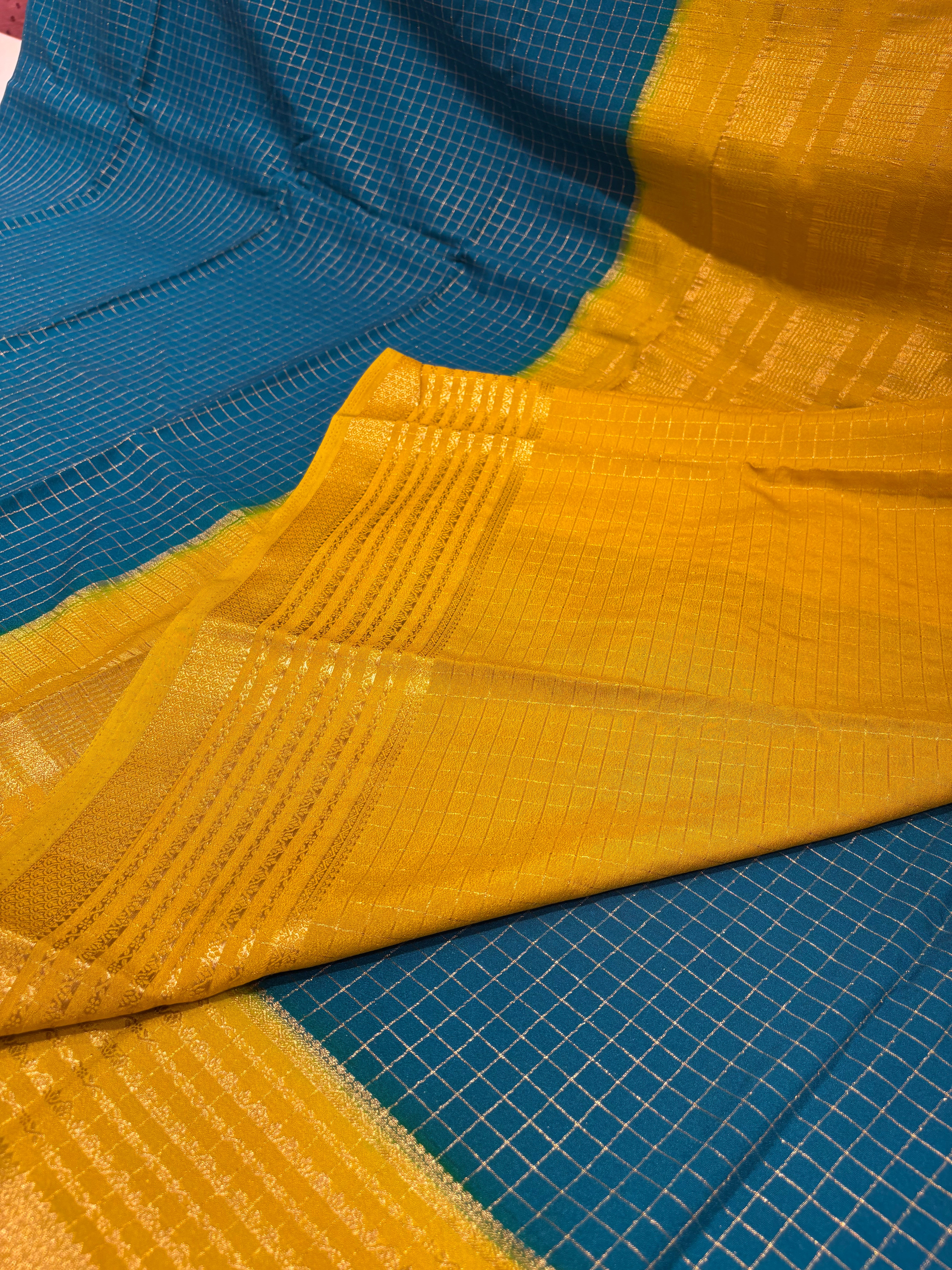 Blue and Yellow Soft Saree with Zari Border & Checks – Perfect for Everyday and Office Wear