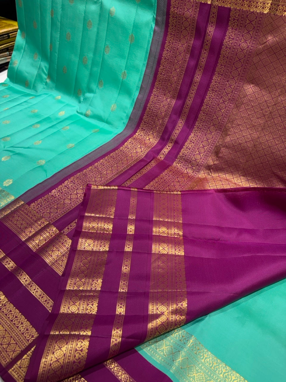 Sea Foam Green Colour Leela Verse Kanchipuram Silk Saree with Plum Purple Contrast NSSL05