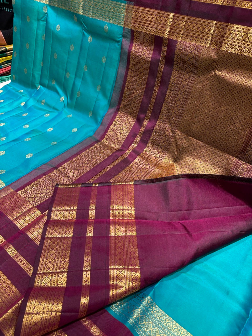 Tiffany Blue Colour Leela Verse Kanchipuram Silk Saree with Plum Purple Contrast NSSL06