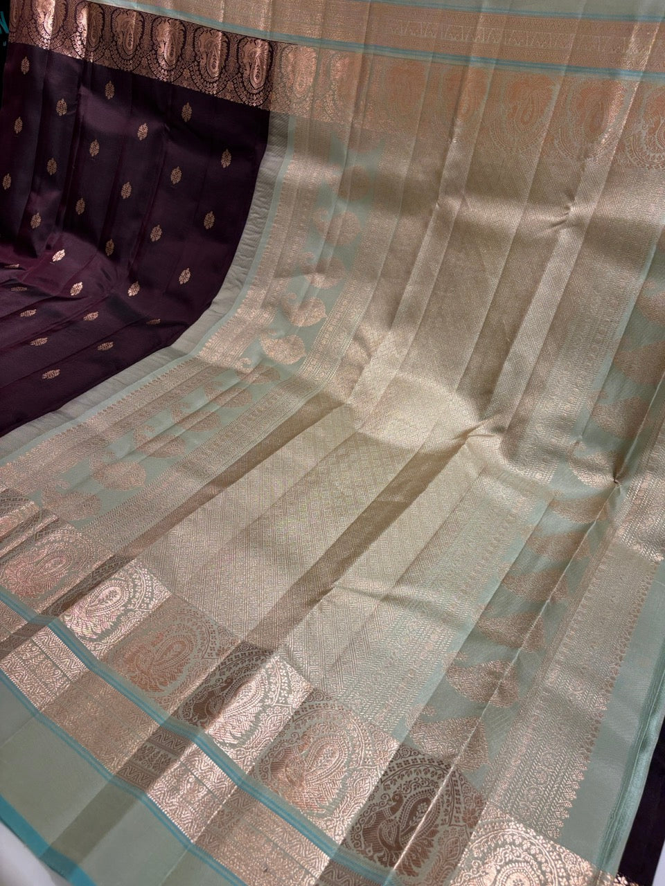 Dark Chocolate Brown Leela Verse Pure Kanchipuram Silk Saree with Light Blue Contrast NSSL11