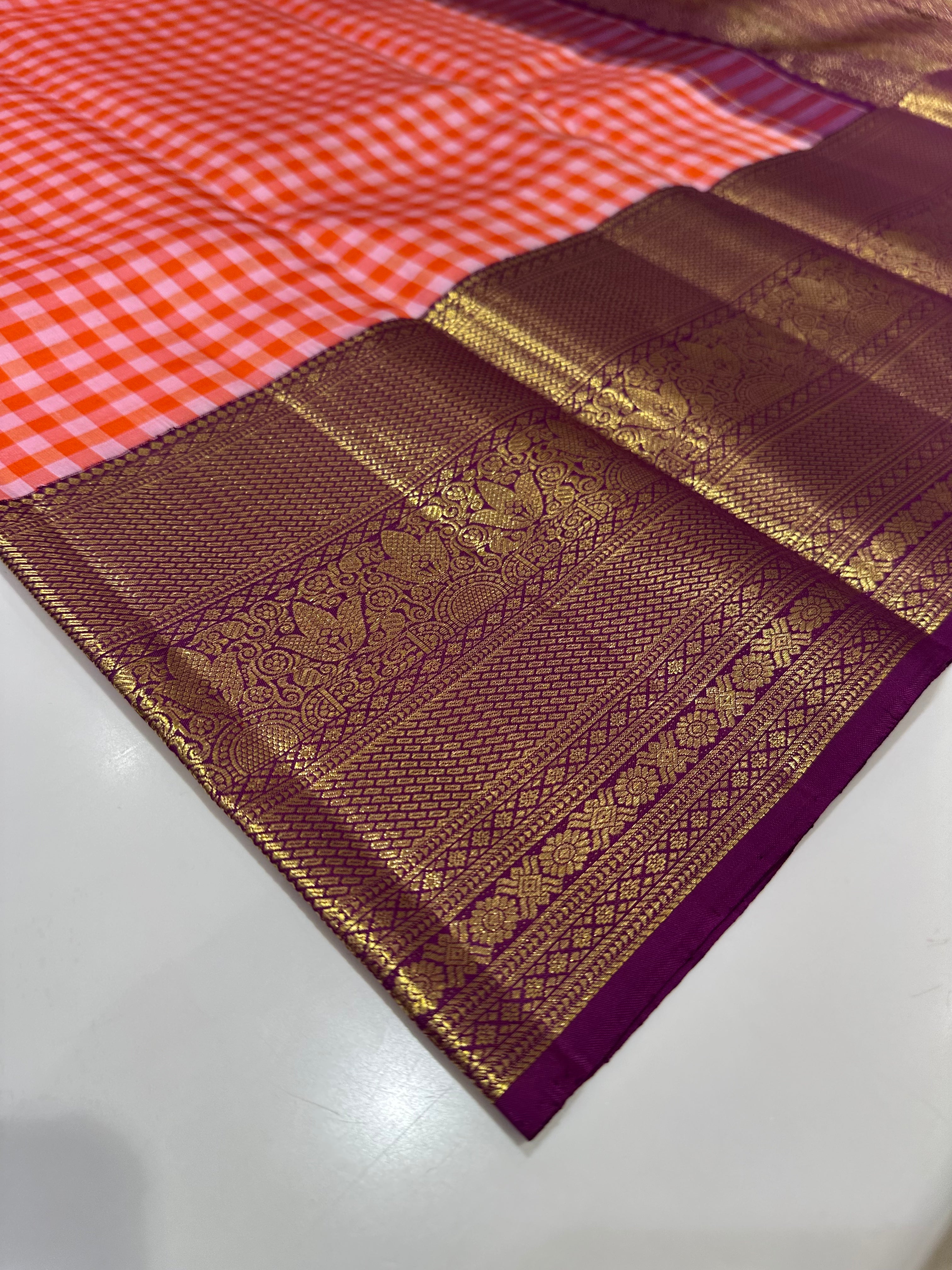 Pure Kanjivaram Silk Saree with Multicolor Checks & Purple Gold Zari Border
