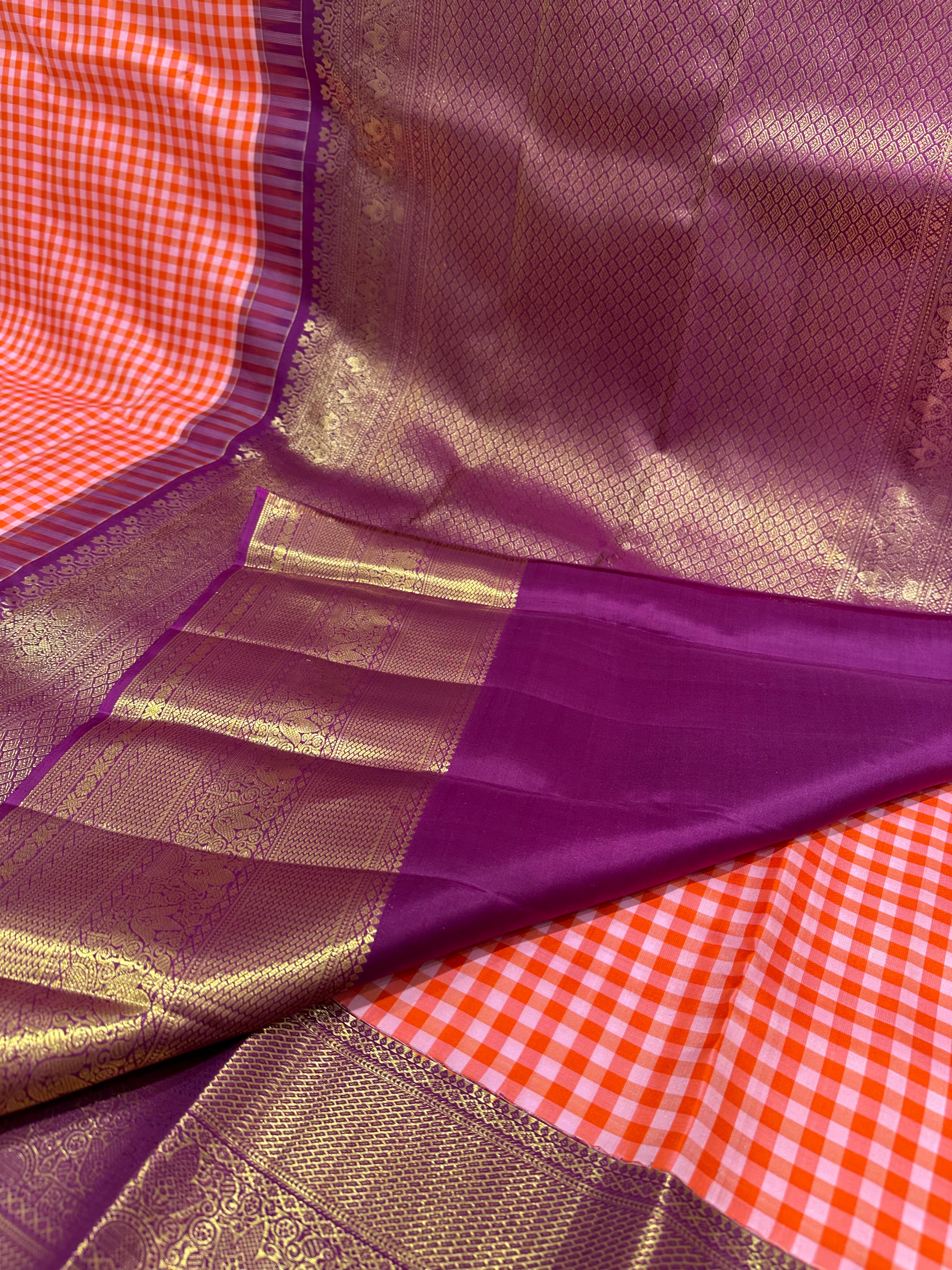 Pure Kanjivaram Silk Saree with Multicolor Checks & Purple Gold Zari Border