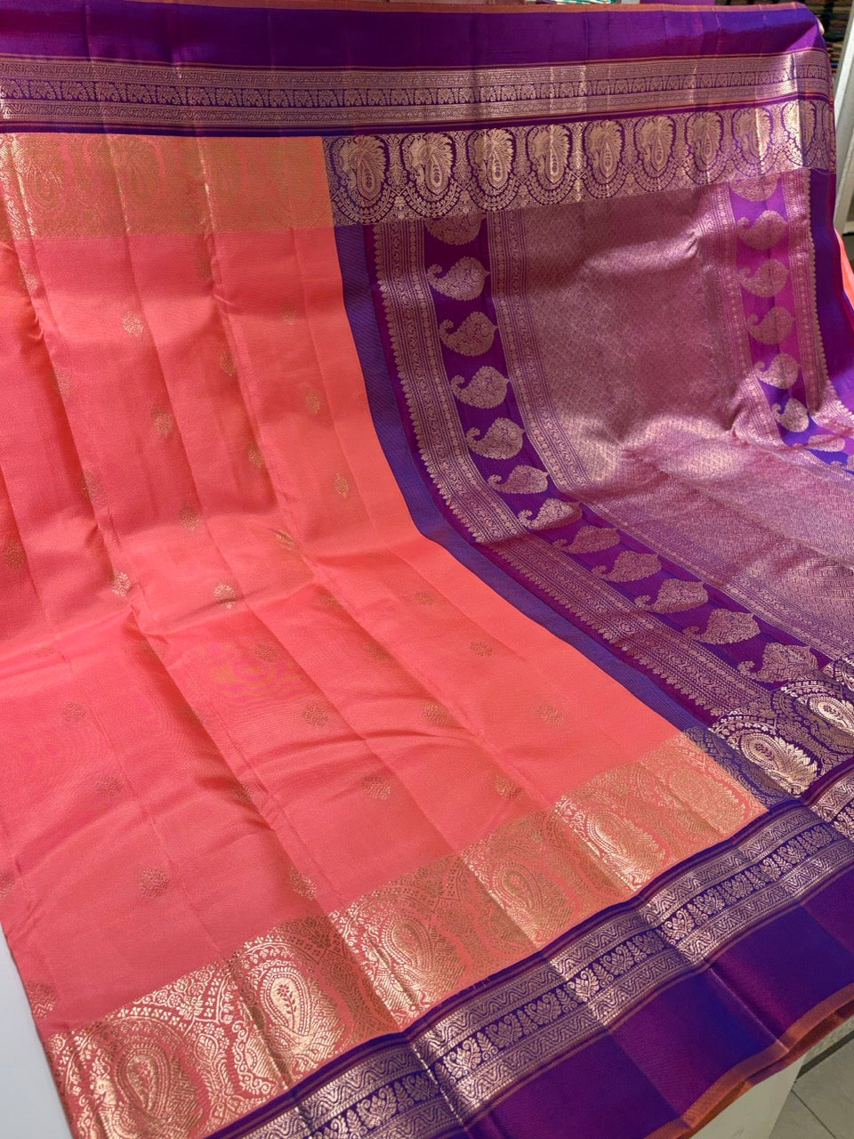 Coral Pink Colour Leela Verse Kanchipuram Silk Saree with Royal Purple Contrast NSSL03