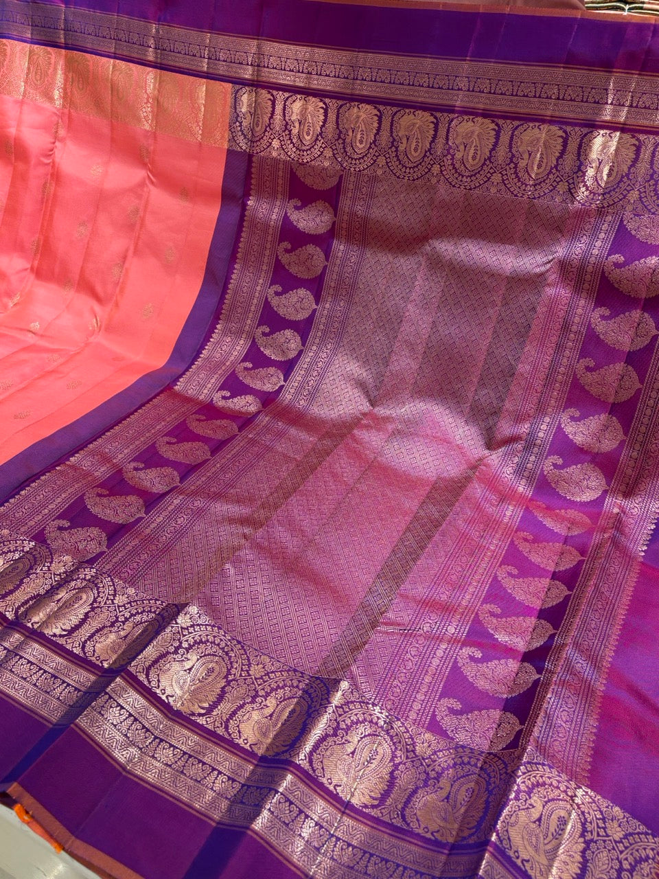 Coral Pink Colour Leela Verse Kanchipuram Silk Saree with Royal Purple Contrast NSSL03