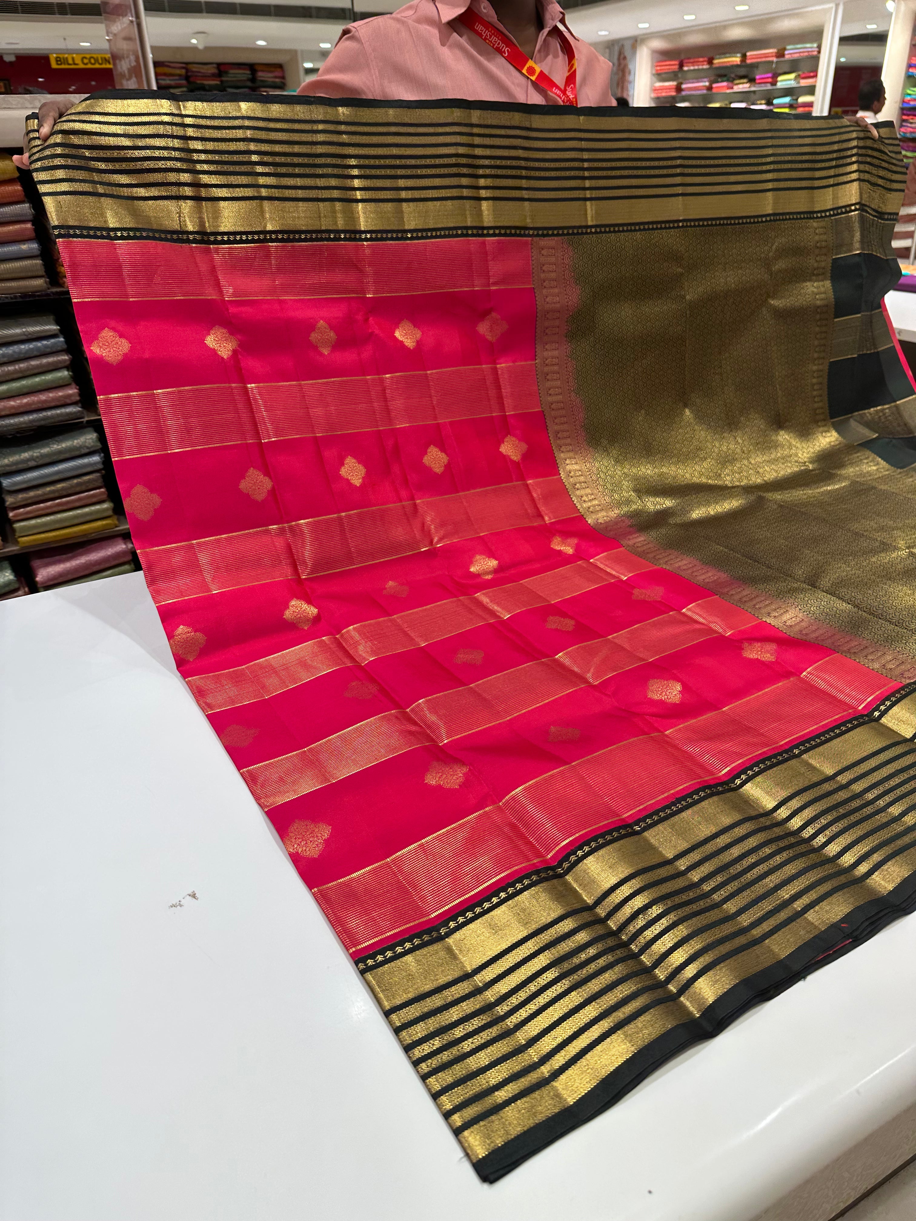 Pink Pure Kanjivaram Silk Saree with Black Gold Zari Border & Attached Blouse Piece