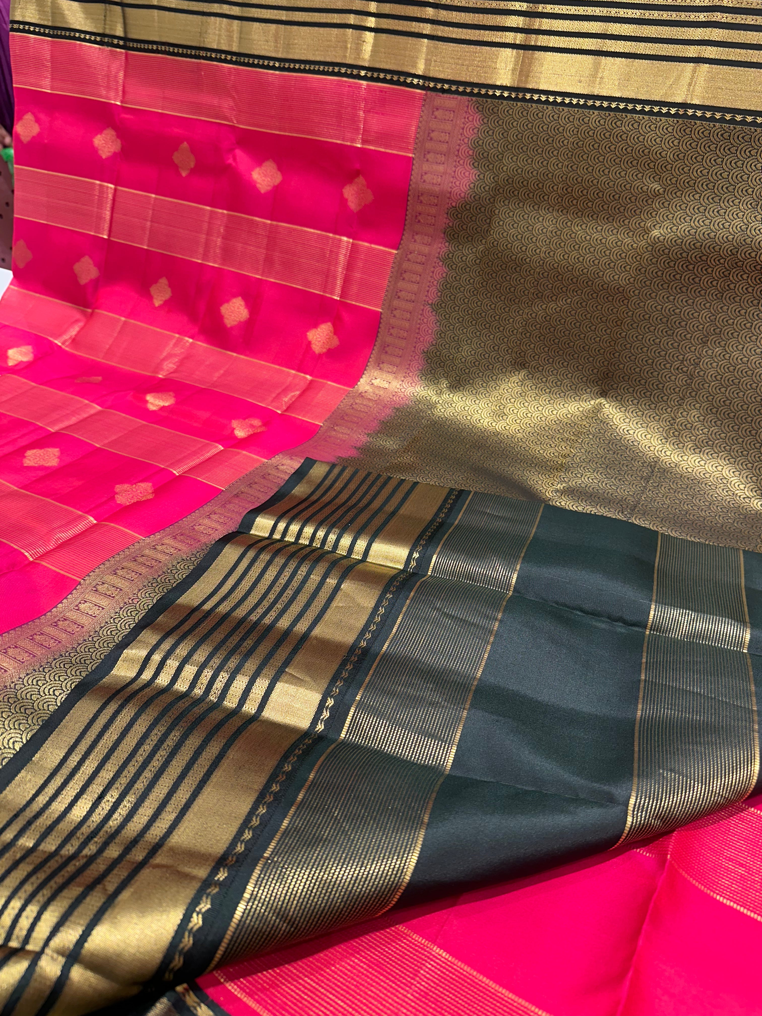 Pink Pure Kanjivaram Silk Saree with Black Gold Zari Border & Attached Blouse Piece