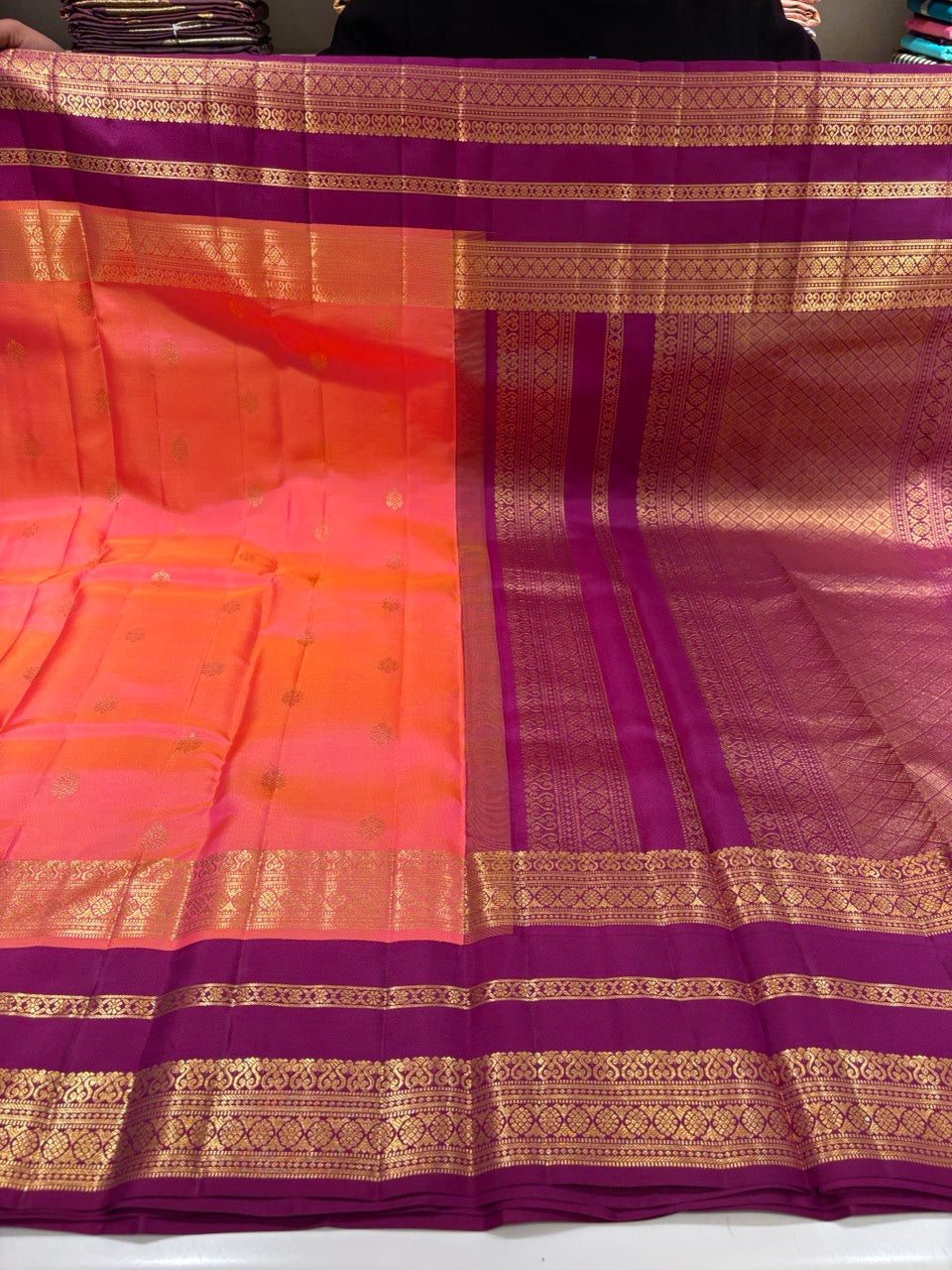 Coral Pink Colour Leela Verse Kanchipuram Silk Saree with Plum Purple Contrast NSSL07