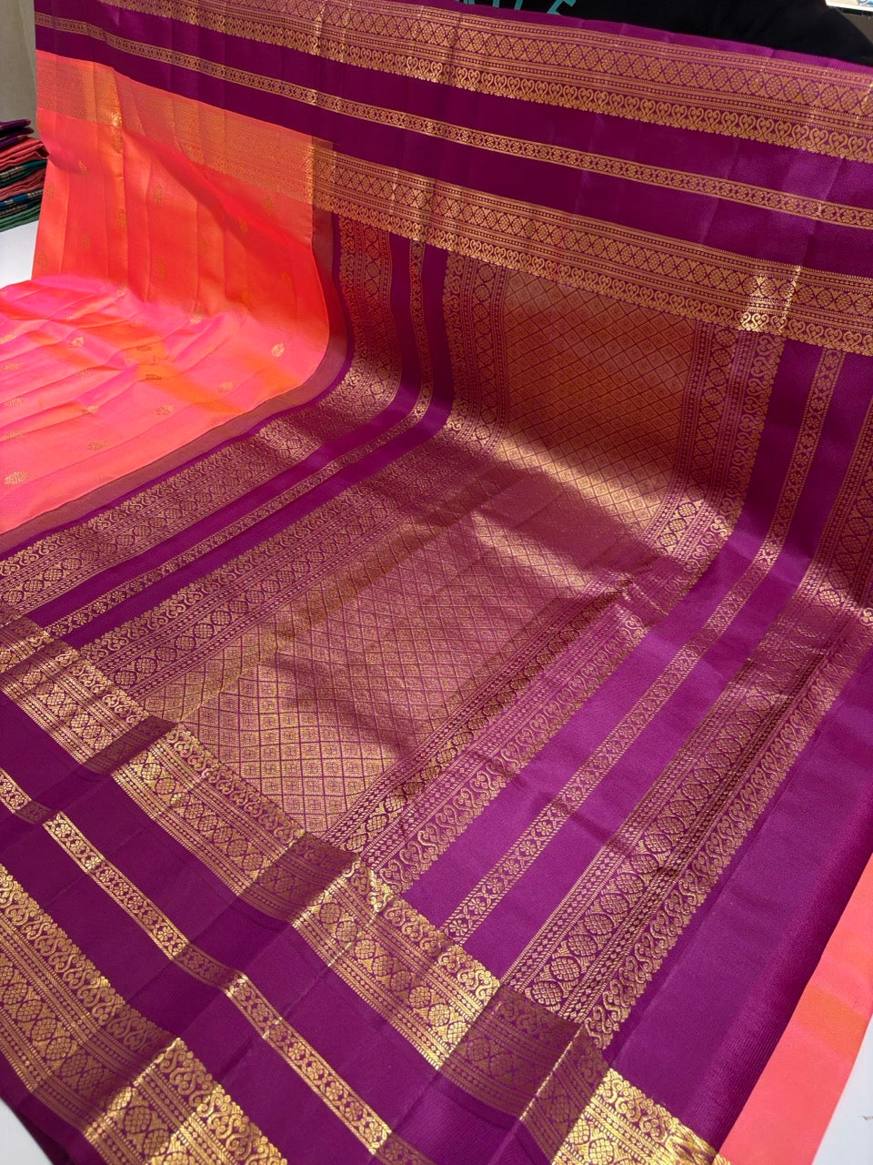 Coral Pink Colour Leela Verse Kanchipuram Silk Saree with Plum Purple Contrast NSSL07