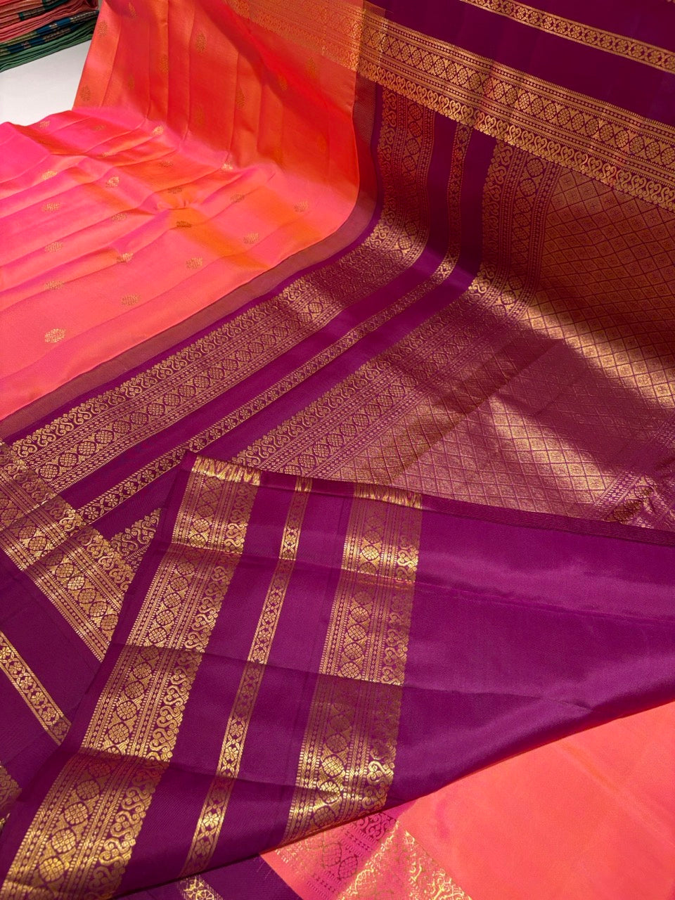 Coral Pink Colour Leela Verse Kanchipuram Silk Saree with Plum Purple Contrast NSSL07