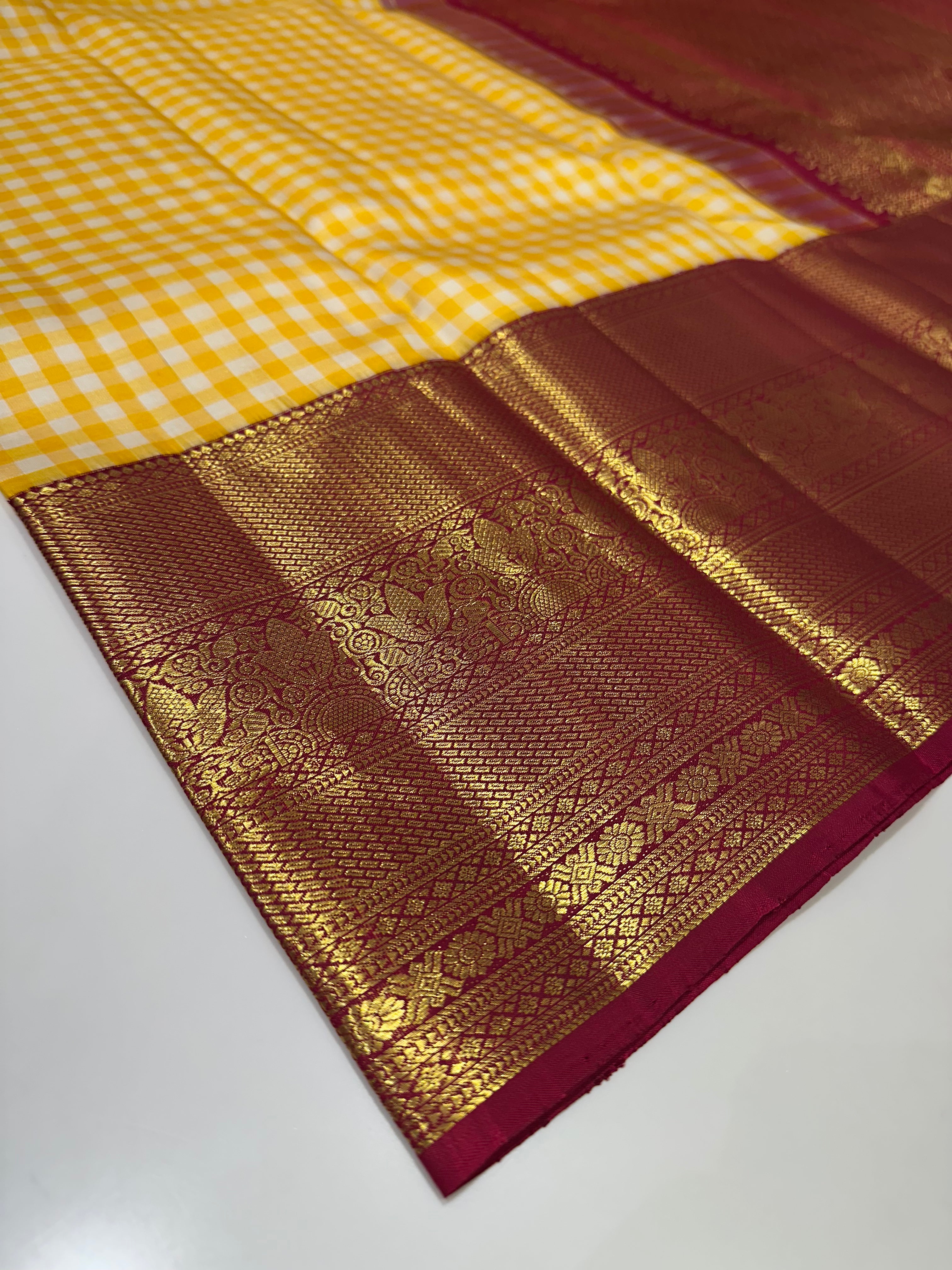 Traditional White & Yellow Checks Pure Kanjivaram Silk Saree with Pink Zari Border