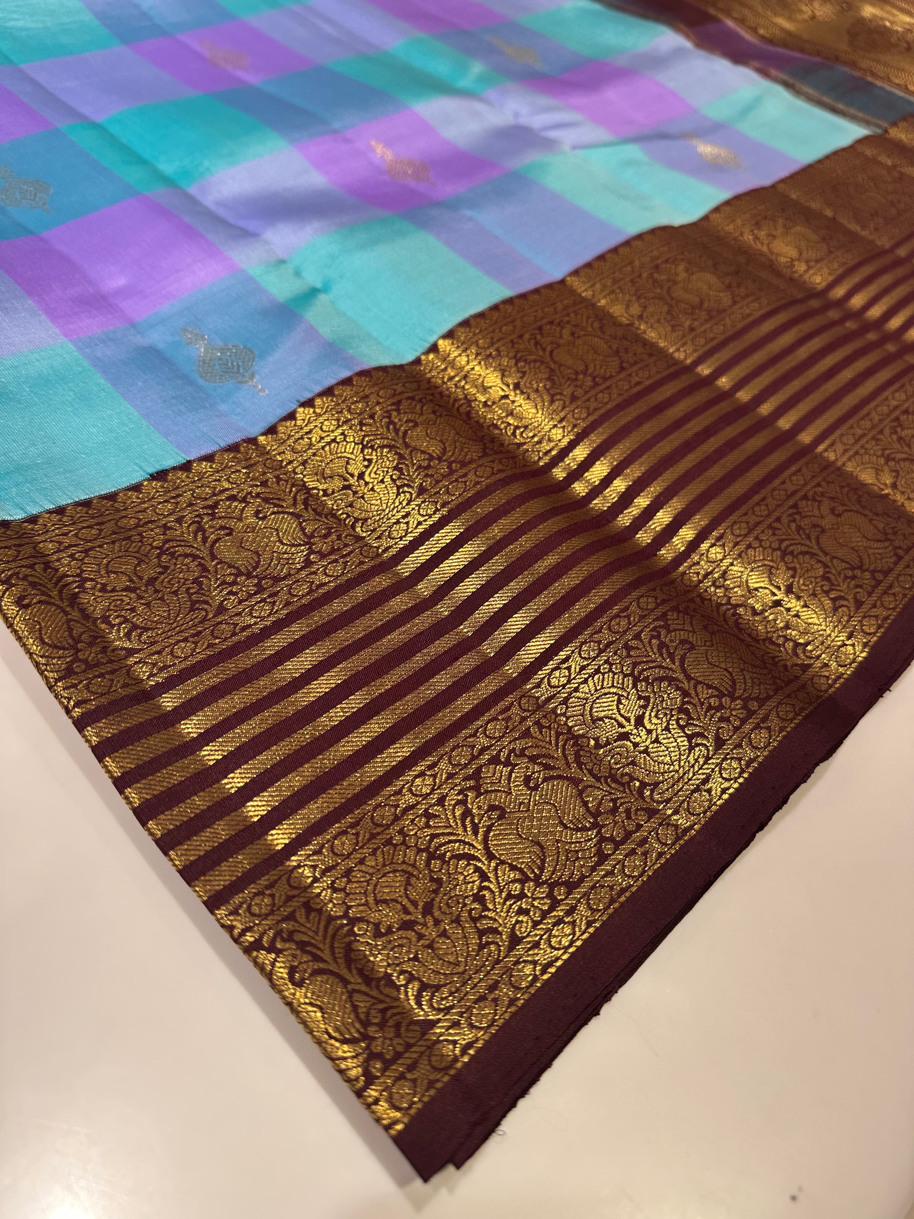 Pure Kanjivaram Multicolor Checks Saree with Brown Gold Zari Border & Buttas