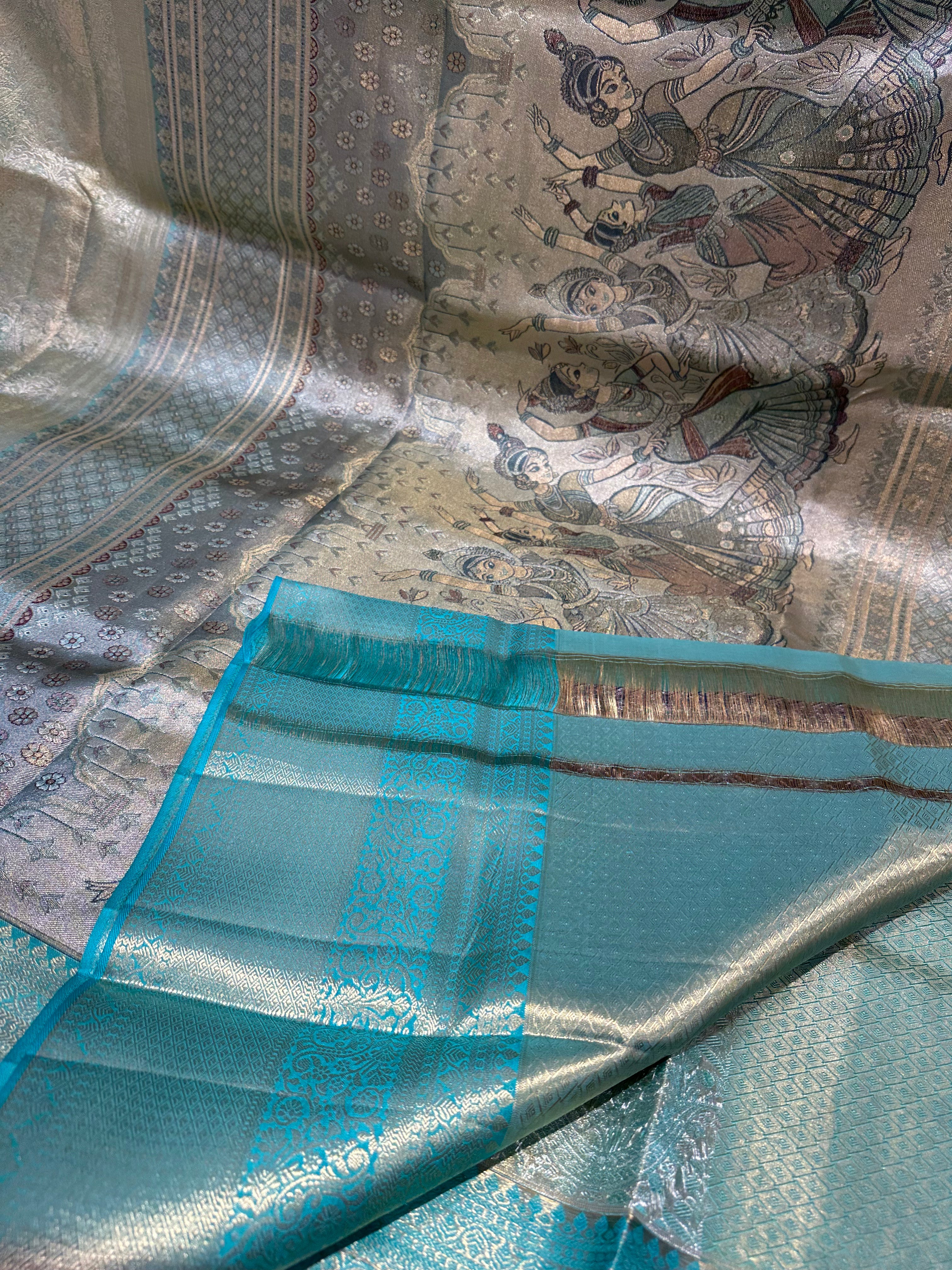 Grand Pista Green Pure Silk Saree with Blue Border and Silver Zari Weaving