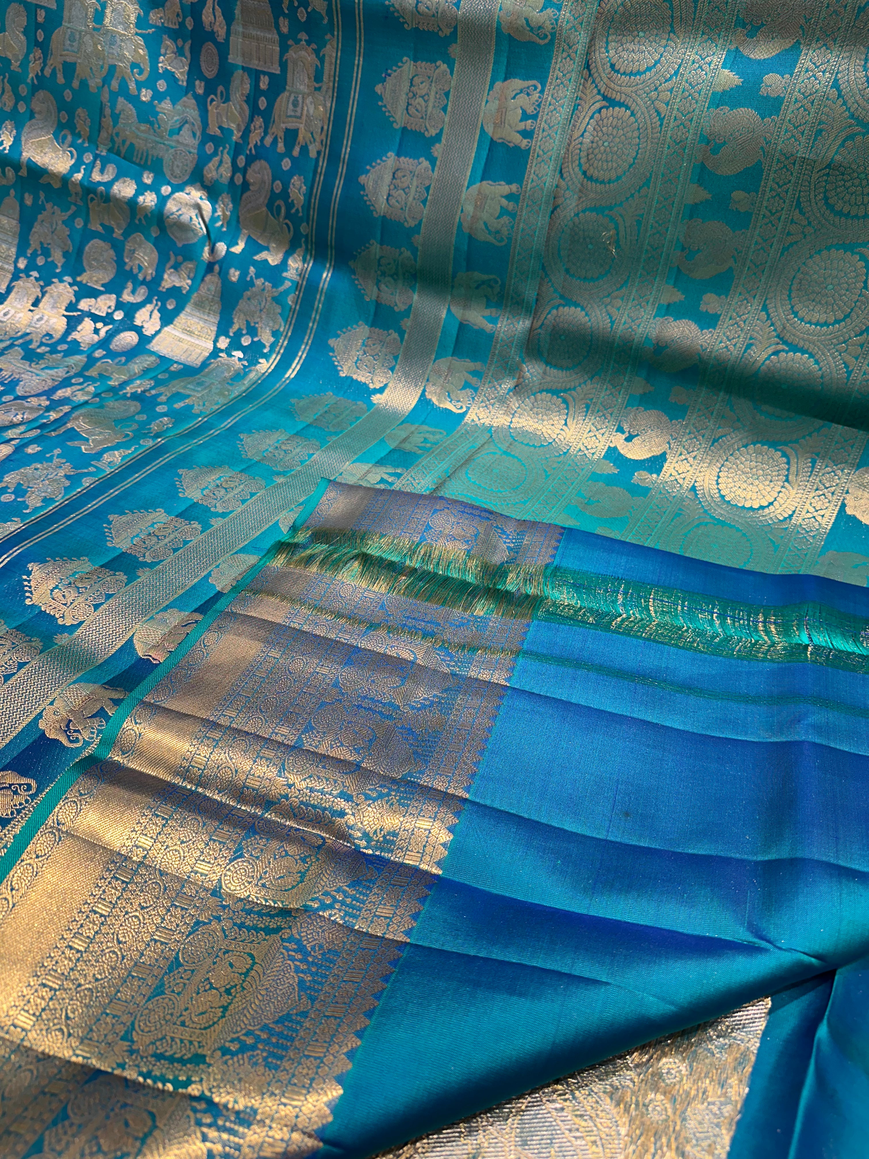 Royal Blue Pure Kanjivaram Silk Saree with Gold & Silver Zari Animal Motifs