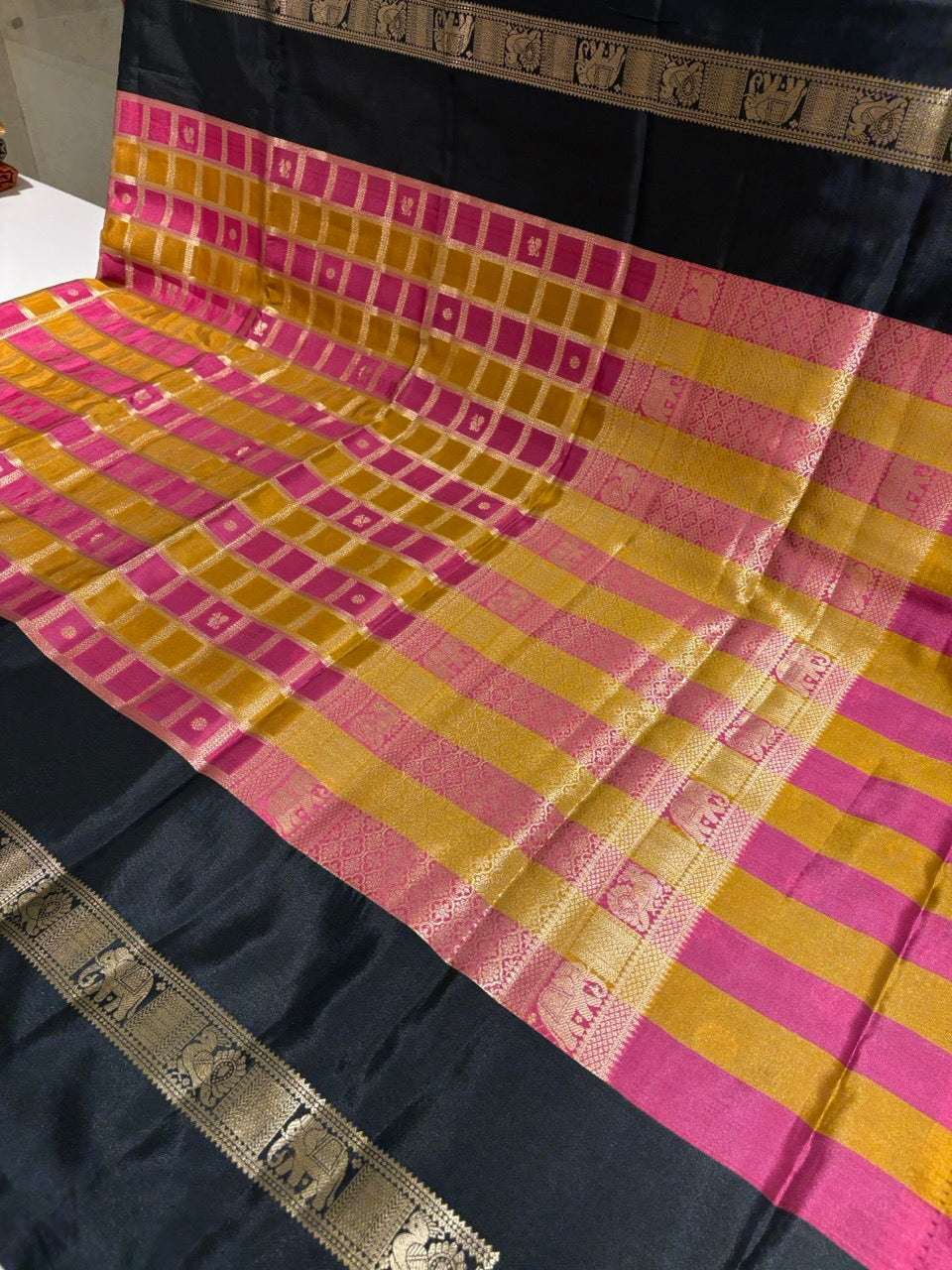 Mustard Yellow & Pink Colour Semi Silk Saree with Black Contrast