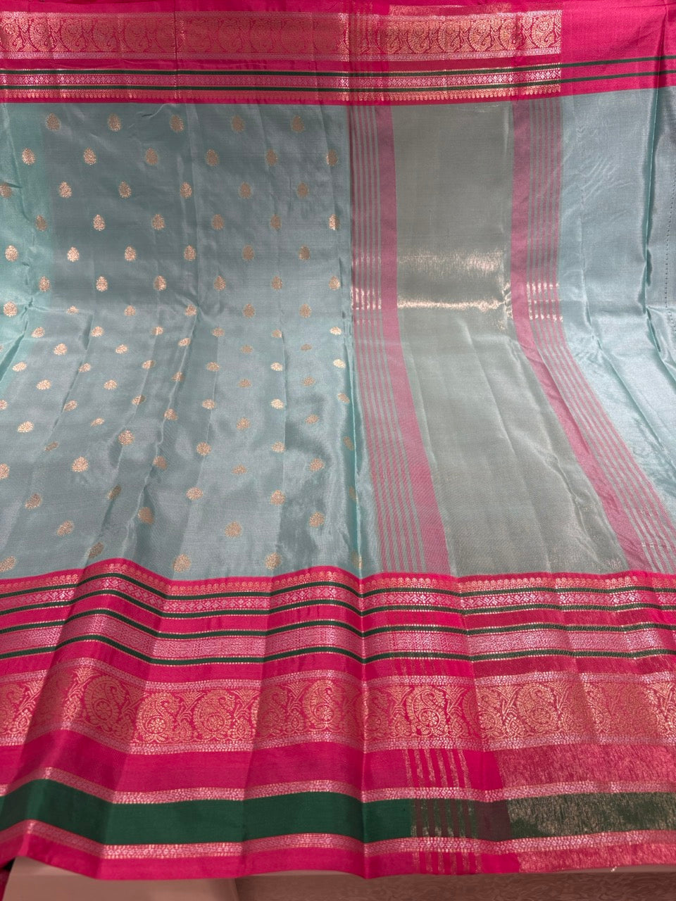 Aqua Blue Colour Semi Silk Saree with Magenta Pink Contrast