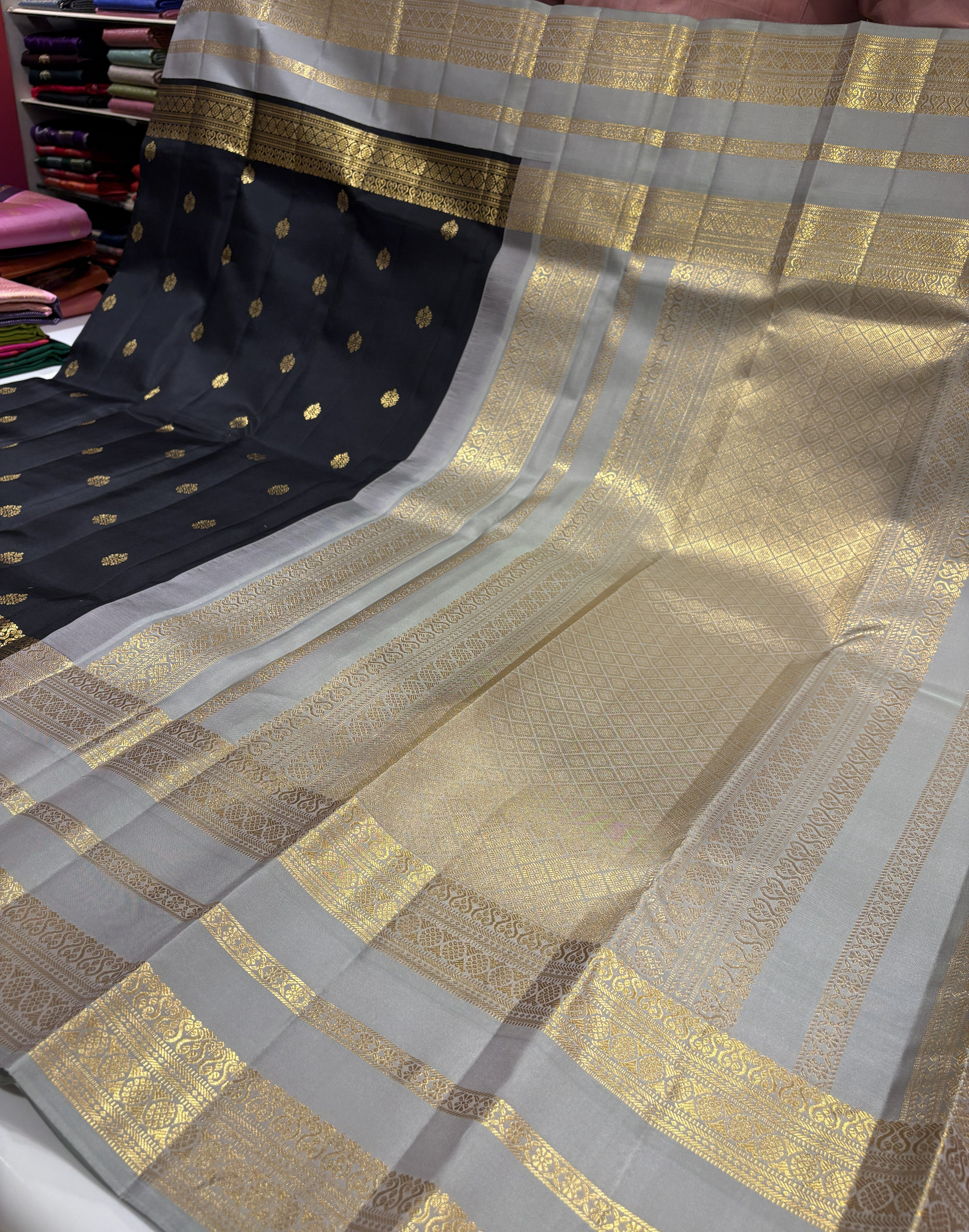 Elegant Black kanjivaram Saree with grey Contrast
