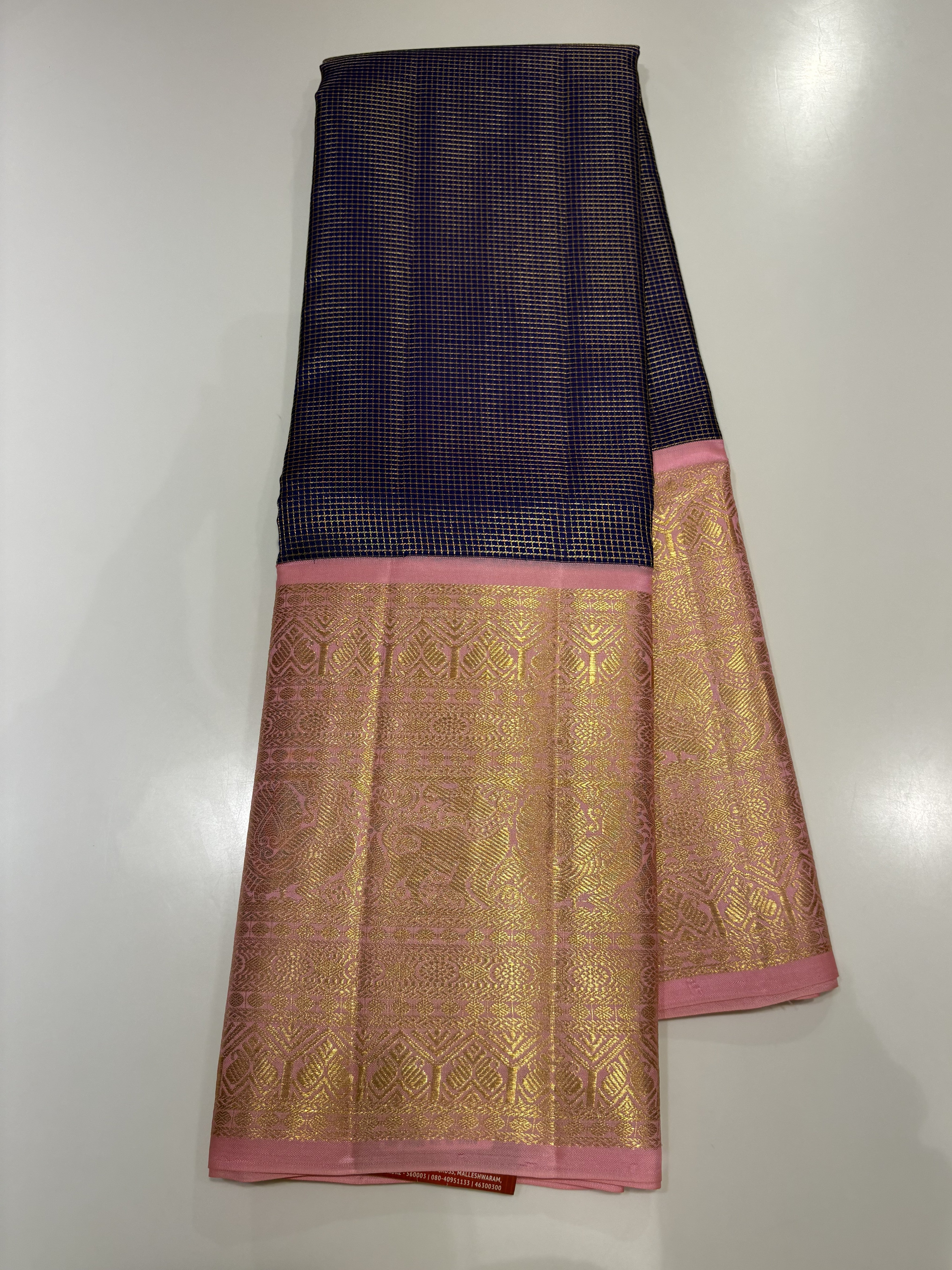 Premium Dark Blue Small Checks kanjivaram Saree with Pastel Rose Contrast