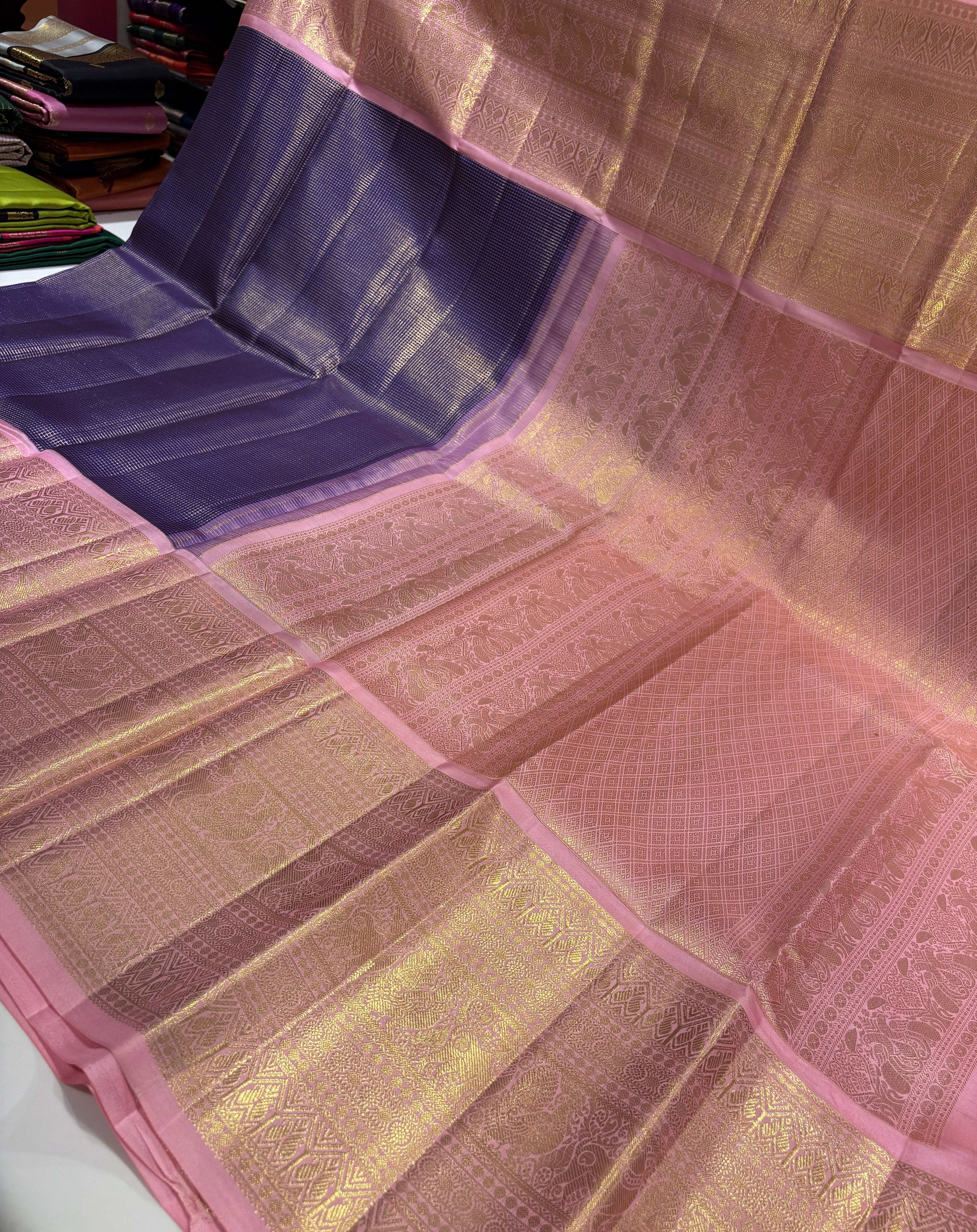 Premium Dark Blue Small Checks kanjivaram Saree with Pastel Rose Contrast