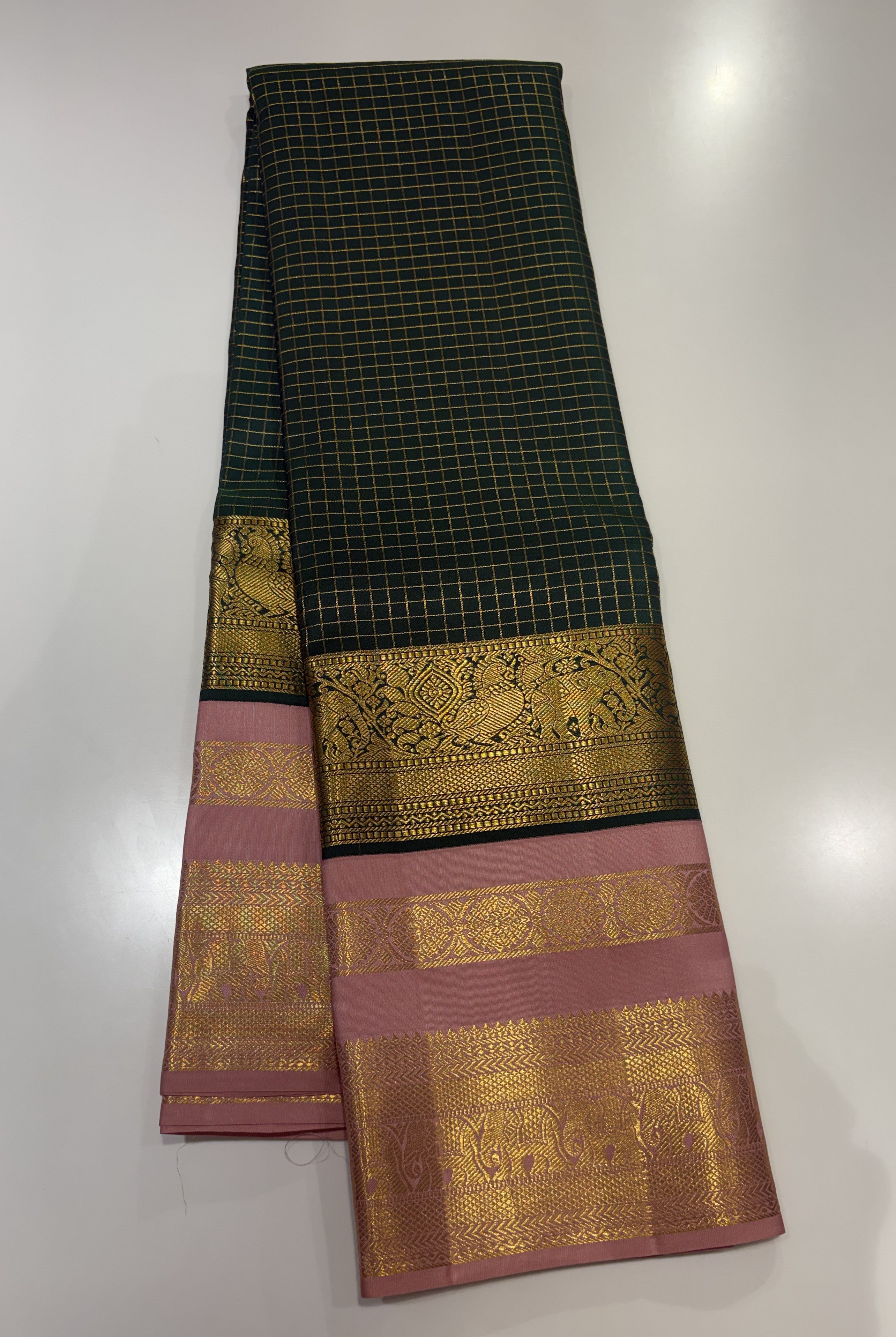 Elegant Bottle Green Pure Kanjivaram Saree with Pastel Rose Contrast