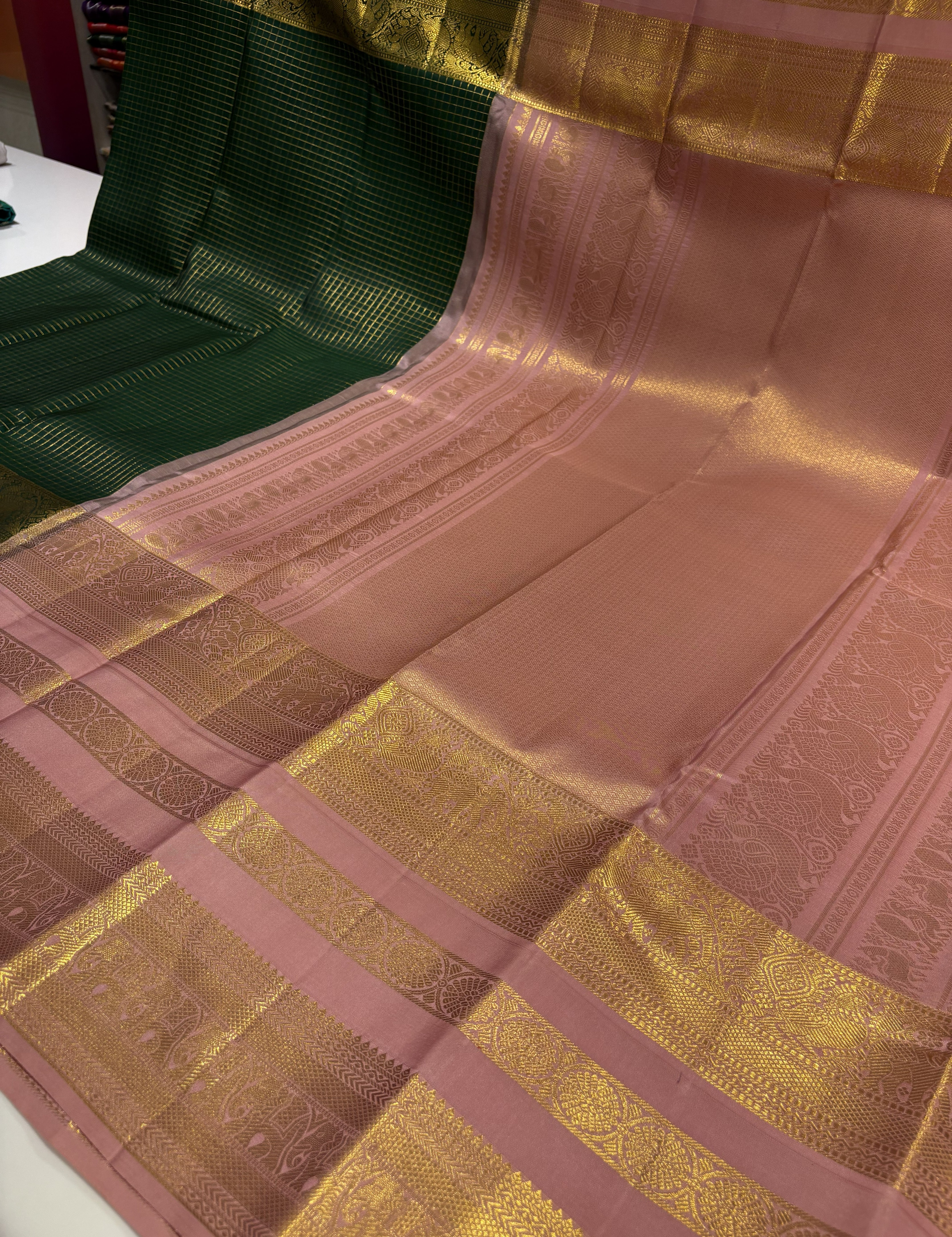 Elegant Bottle Green Pure Kanjivaram Saree with Pastel Rose Contrast