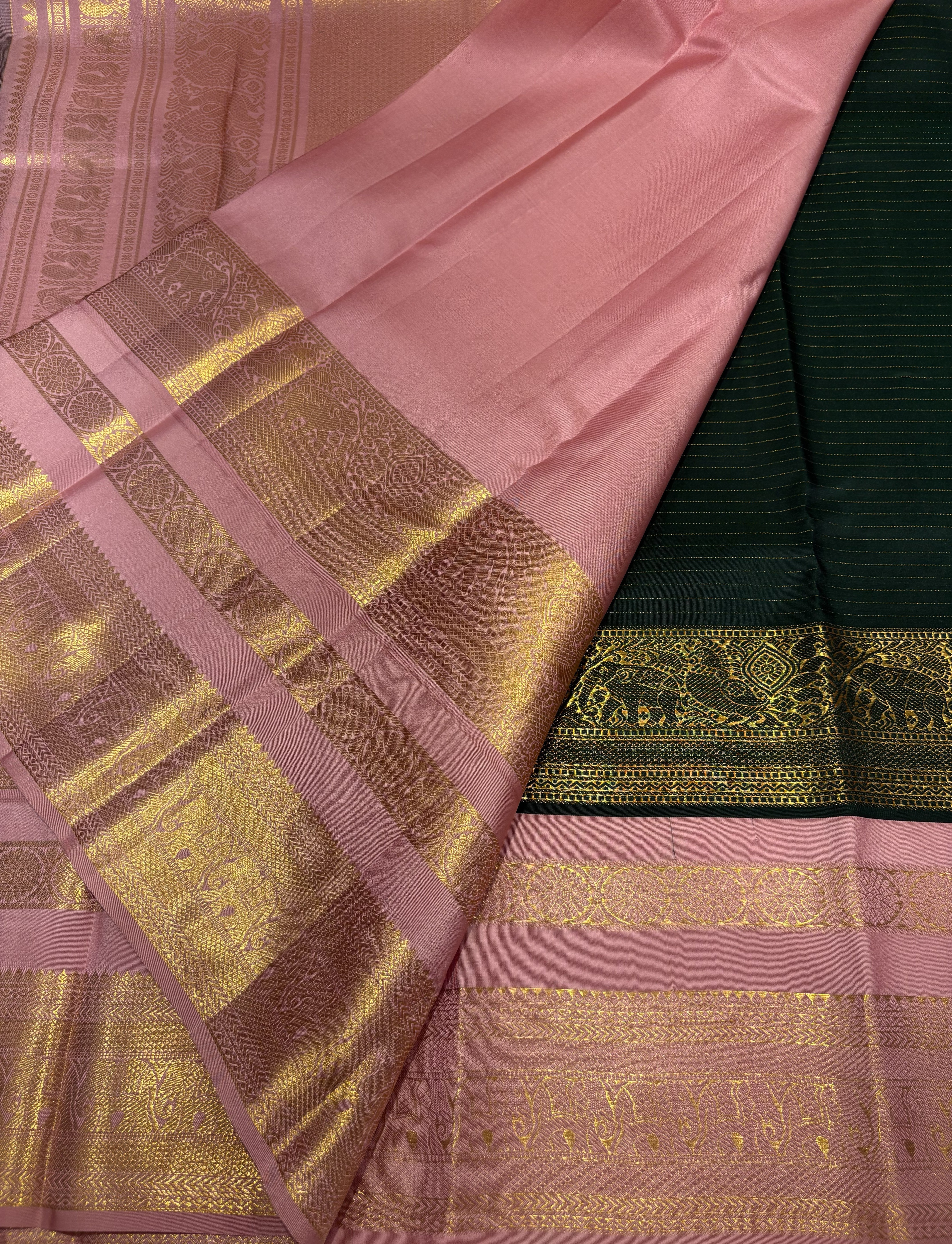 Elegant Bottle Green Pure Kanjivaram Saree with Pastel Rose Contrast