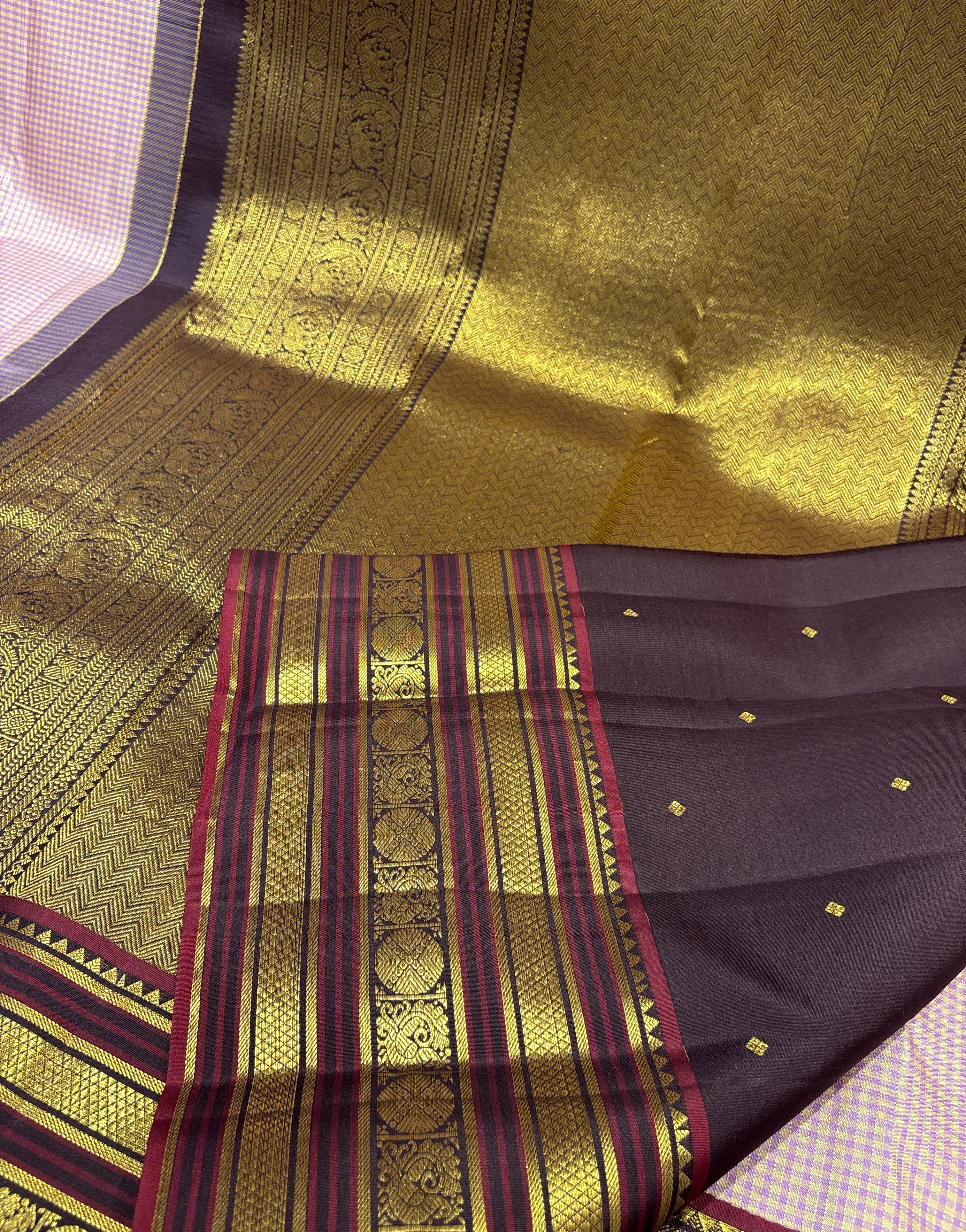 Lavender & Yellow Checks Pure Kanjivaram Silk Saree with Rich Dark Brown Contrast